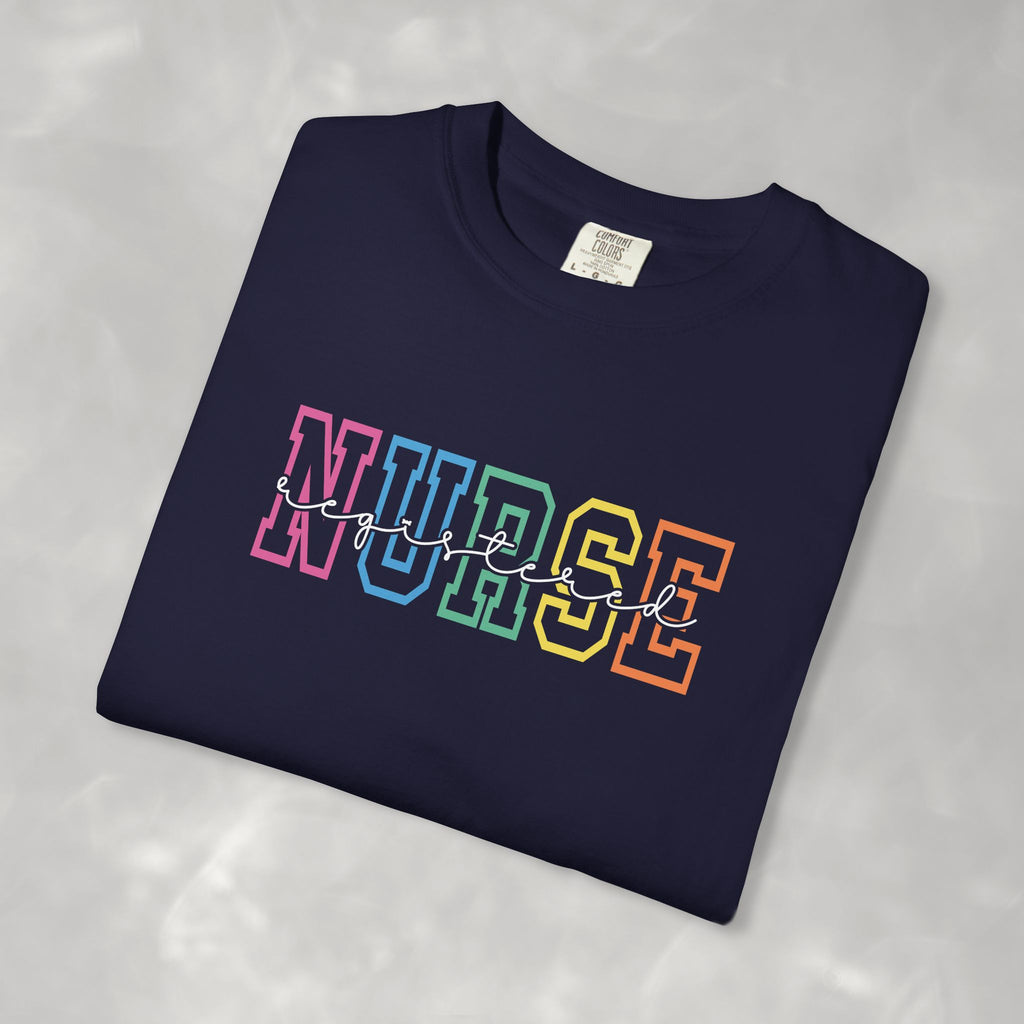 Colorful Rainbow Whimsical Varsity Registered Nurse Comfort Colors Unisex Garment-Dyed T-shirt