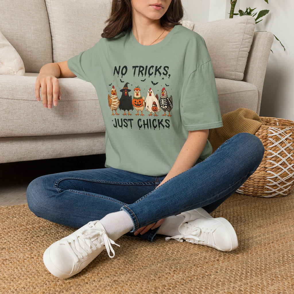 No Tricks Just Chicks, Funny Halloween Chickens in Costumes, Gildan Unisex Softstyle T-Shirt