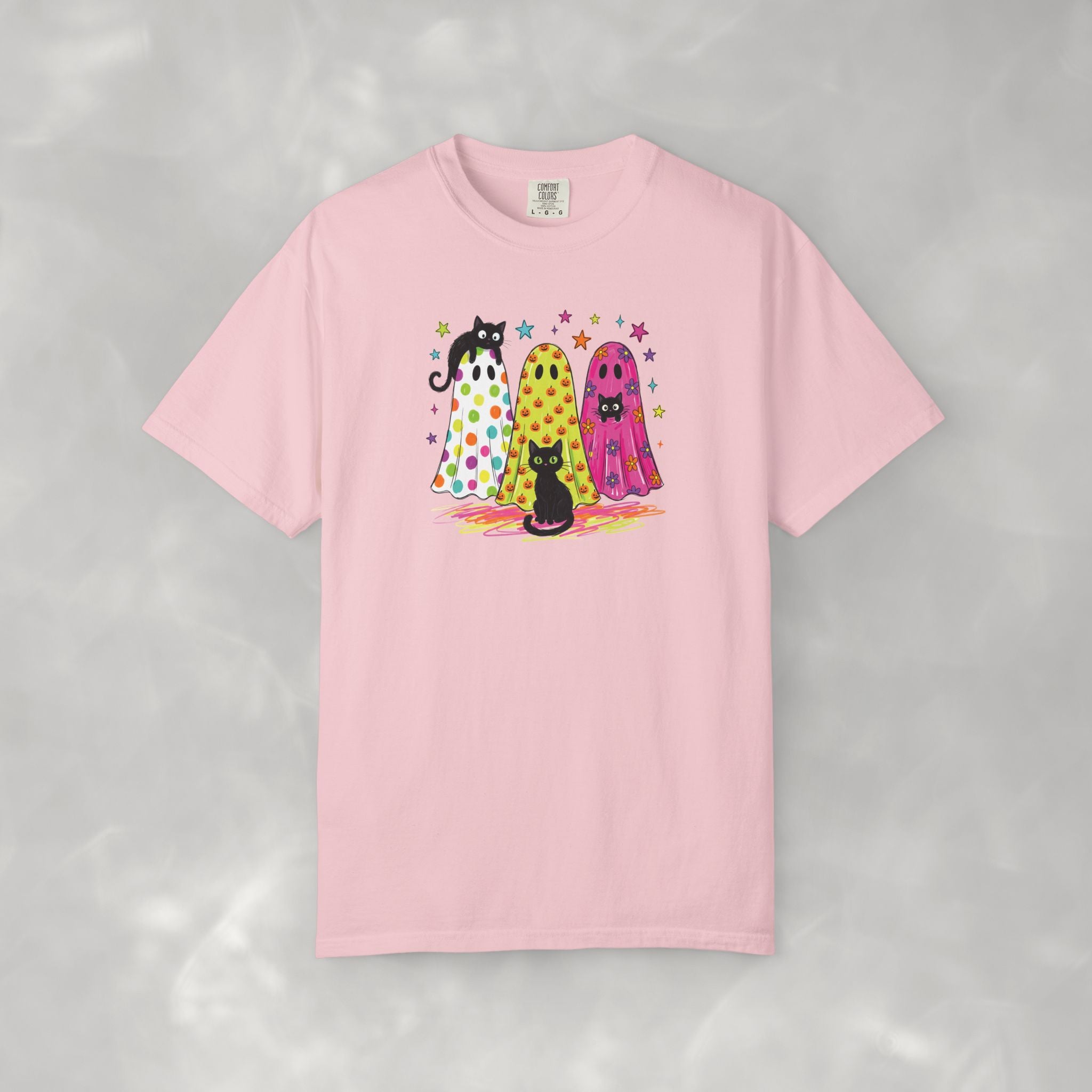 Preppy, Girly, Cute Halloween Ghosts with Cats, Comfort Colors Tee