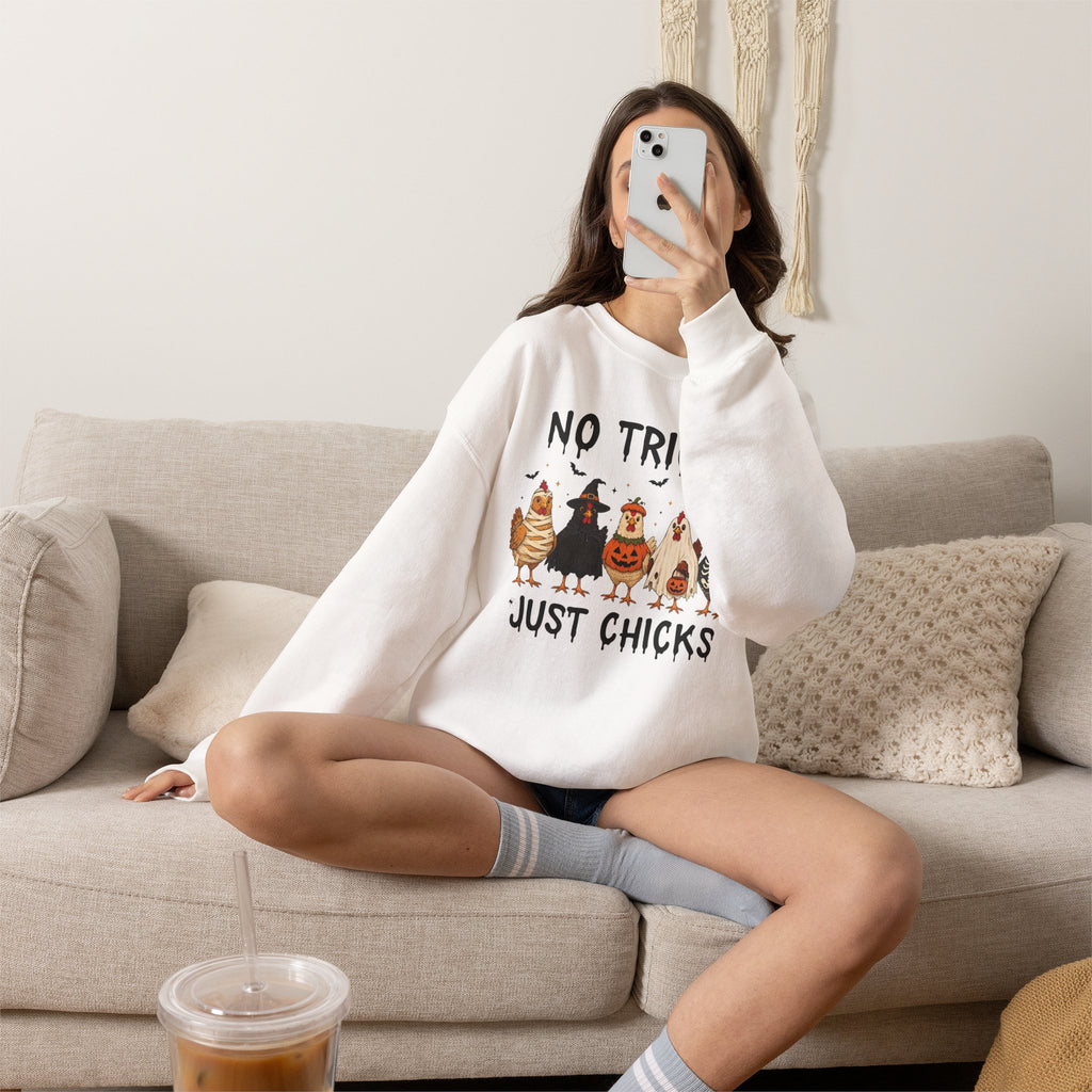 No Tricks Just Chicks, Funny Halloween Chickens in Costumes, Gildan Unisex Heavy Blend™ Crewneck Sweatshirt