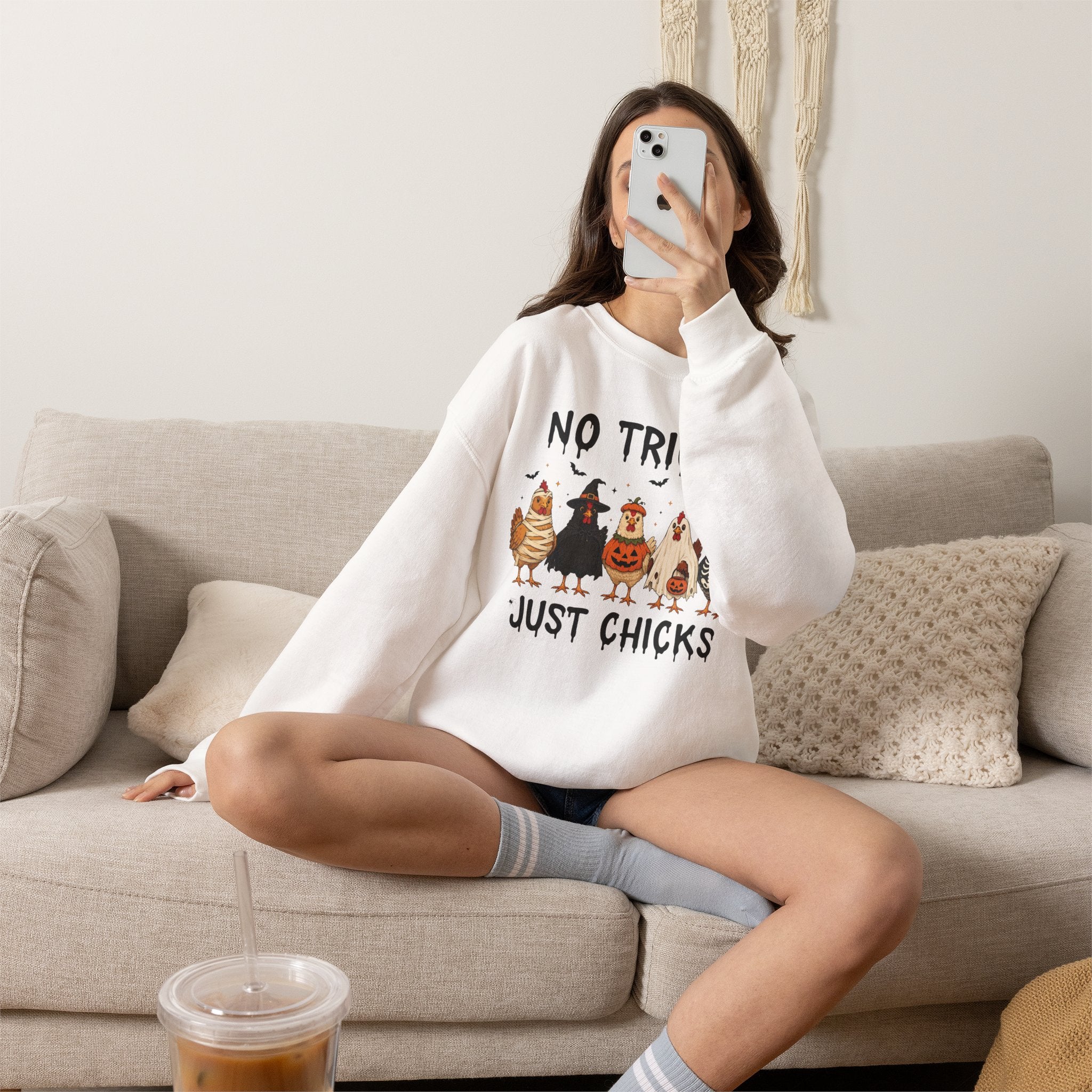 No Tricks Just Chicks, Funny Halloween Chickens in Costumes, Gildan Unisex Heavy Blend™ Crewneck Sweatshirt