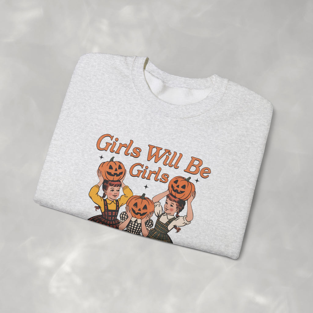 Girls Will Be Girls, Funny Retro Vintage Halloween, Unisex Heavy Blend™ Crewneck Sweatshirt