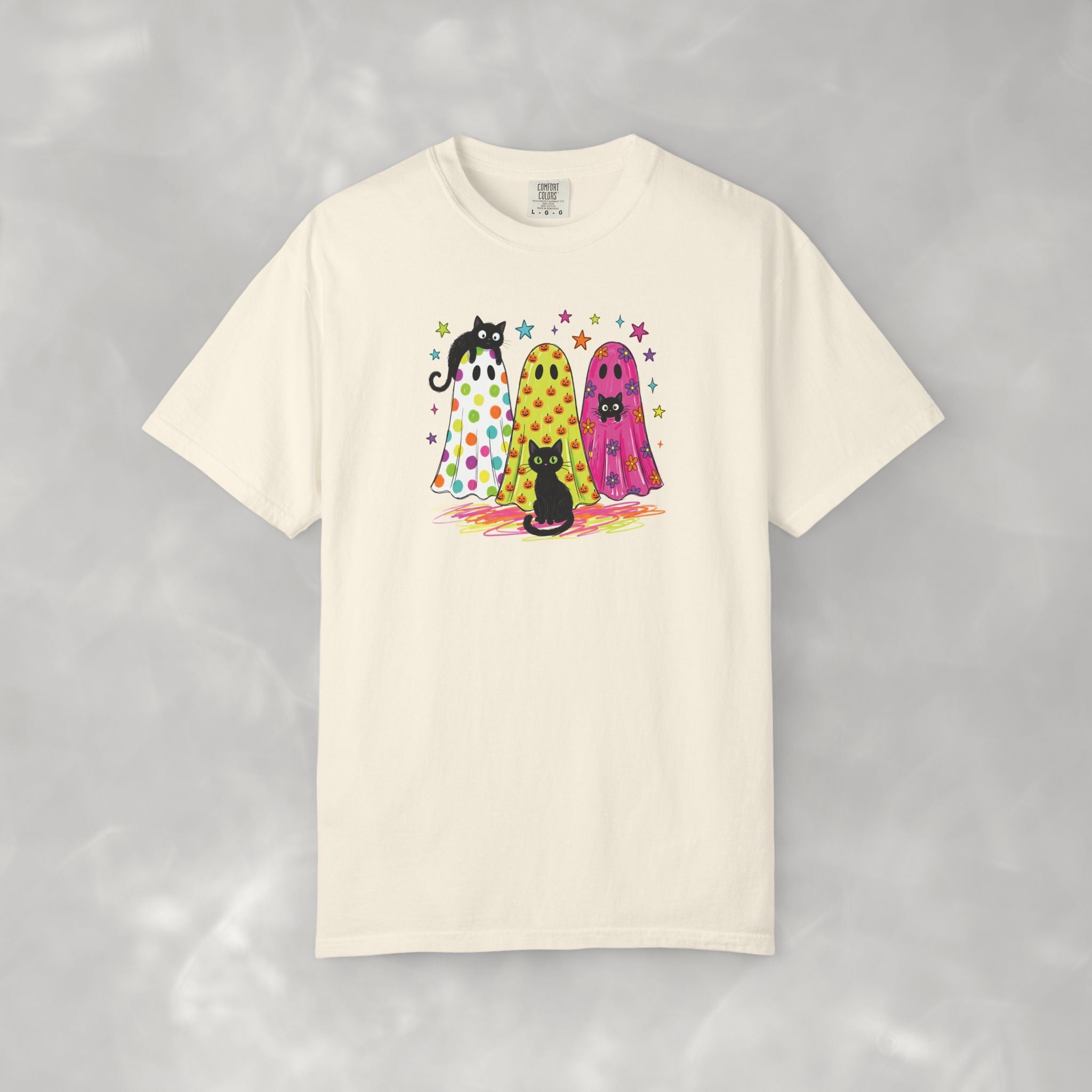 Preppy, Girly, Cute Halloween Ghosts with Cats, Comfort Colors Tee