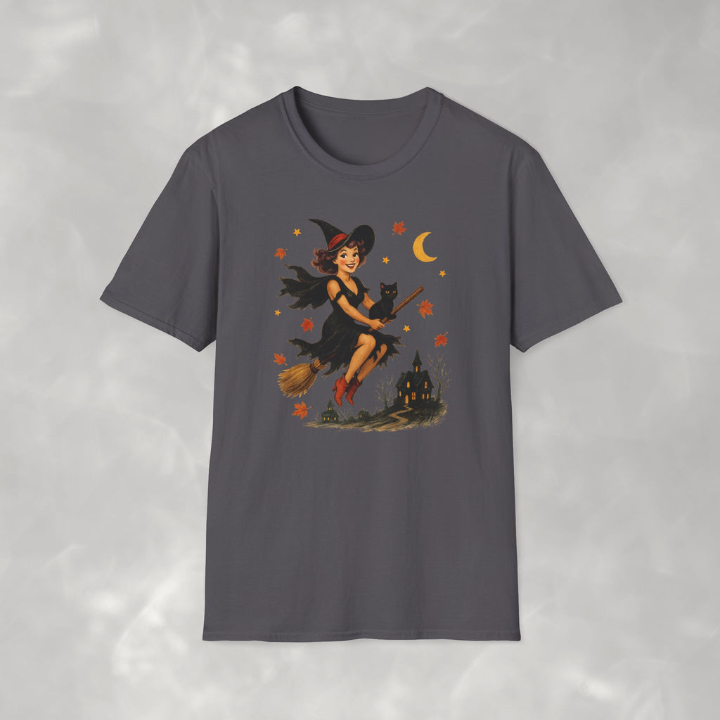Vintage Witch Riding on Broomstick with Black Cat, Retro Halloween, Gildan Unisex Softstyle T-Shirt