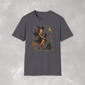 Vintage Witch Riding on Broomstick with Black Cat, Retro Halloween, Gildan Unisex Softstyle T-Shirt
