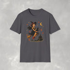 Vintage Witch Riding on Broomstick with Black Cat, Retro Halloween, Gildan Unisex Softstyle T-Shirt