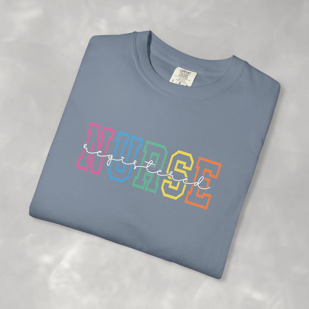 Colorful Rainbow Whimsical Varsity Registered Nurse Comfort Colors Unisex Garment-Dyed T-shirt