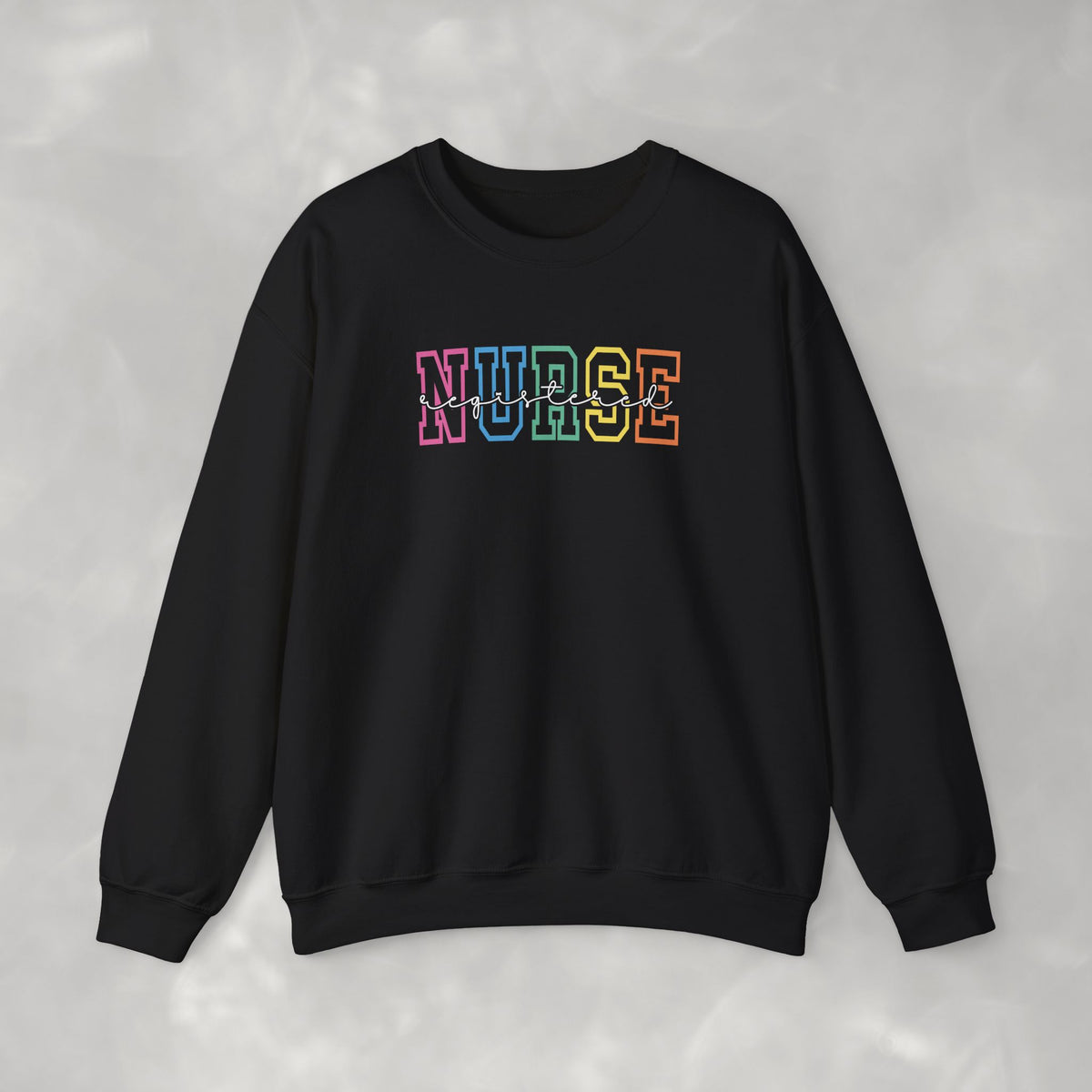 Colorful Rainbow Whimsical Varsity Registered Nurse Gildan Unisex Heavy Blend™ Crewneck Sweatshirt