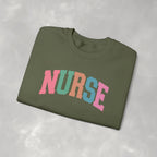 Colorful Fun Whimsical Varsity Nurse Gildan Unisex Heavy Blend™ Crewneck Sweatshirt for RN, LPN, GN, Student Nurse