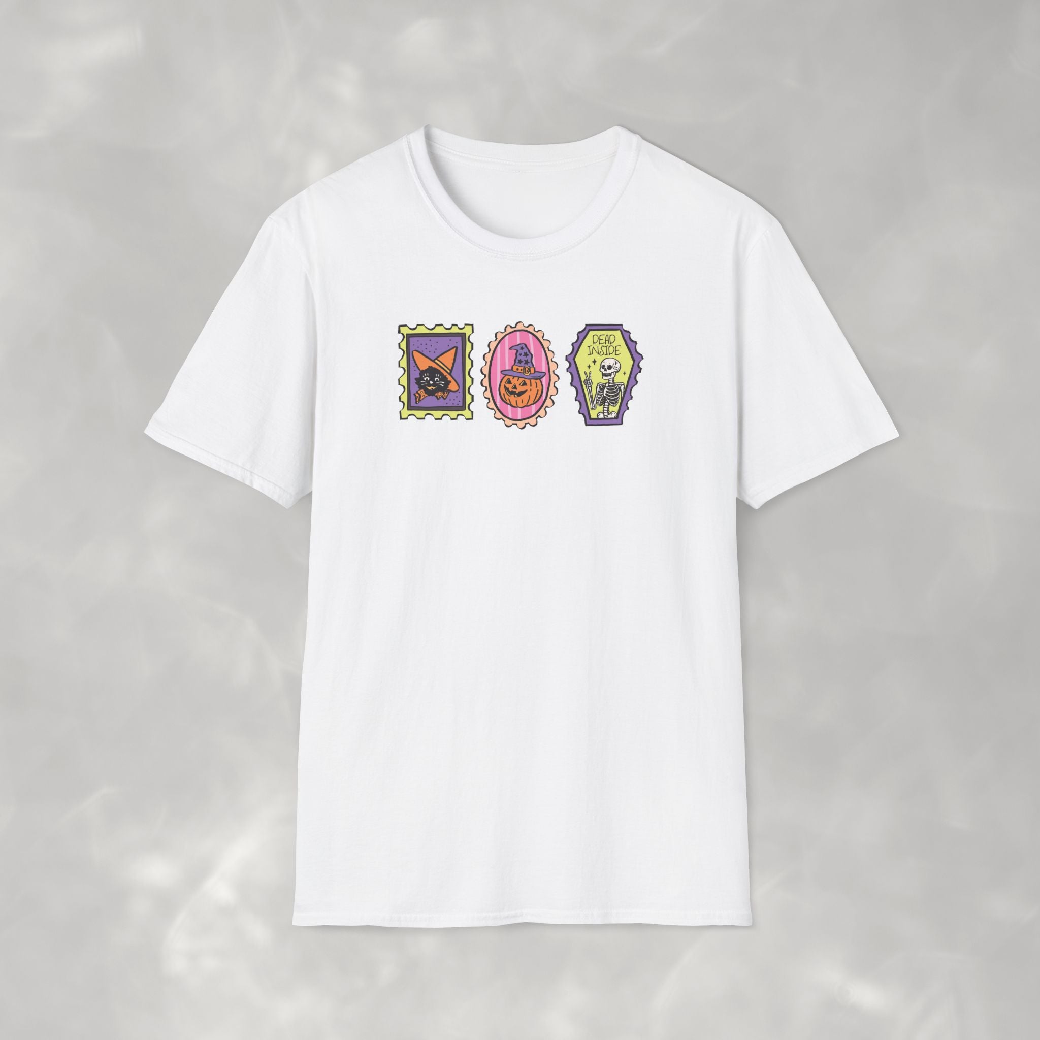 Cute Halloween Spooky Stamps with Cat, Jack-O-Lanter, Skeleton, Gildan Unisex Softstyle T-Shirt
