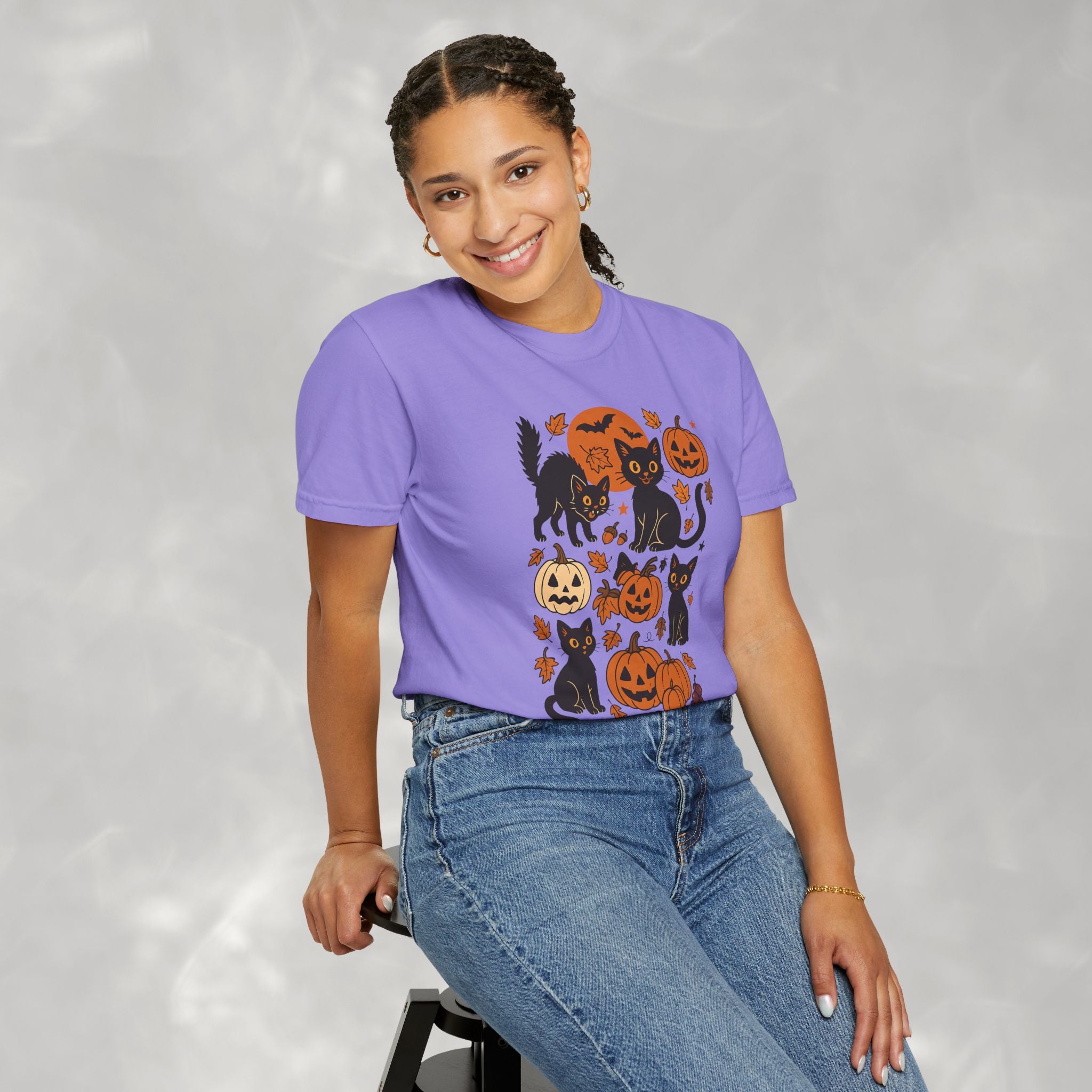 Spooky Black Cats and Jack-O-Lanterns, Unisex Comfort Colors Tee