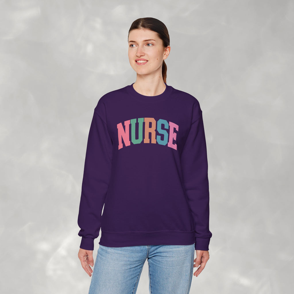 Colorful Fun Whimsical Varsity Nurse Gildan Unisex Heavy Blend™ Crewneck Sweatshirt for RN, LPN, GN, Student Nurse
