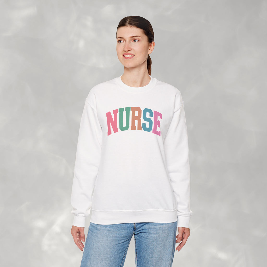 Colorful Fun Whimsical Varsity Nurse Gildan Unisex Heavy Blend™ Crewneck Sweatshirt for RN, LPN, GN, Student Nurse