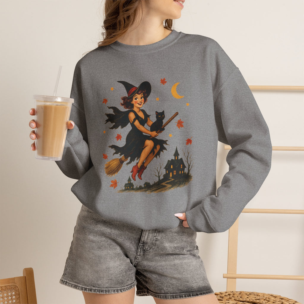 Vintage Witch Riding on Broomstick with Black Cat, Retro Halloween, Gildan Unisex Heavy Blend™ Crewneck Sweatshirt