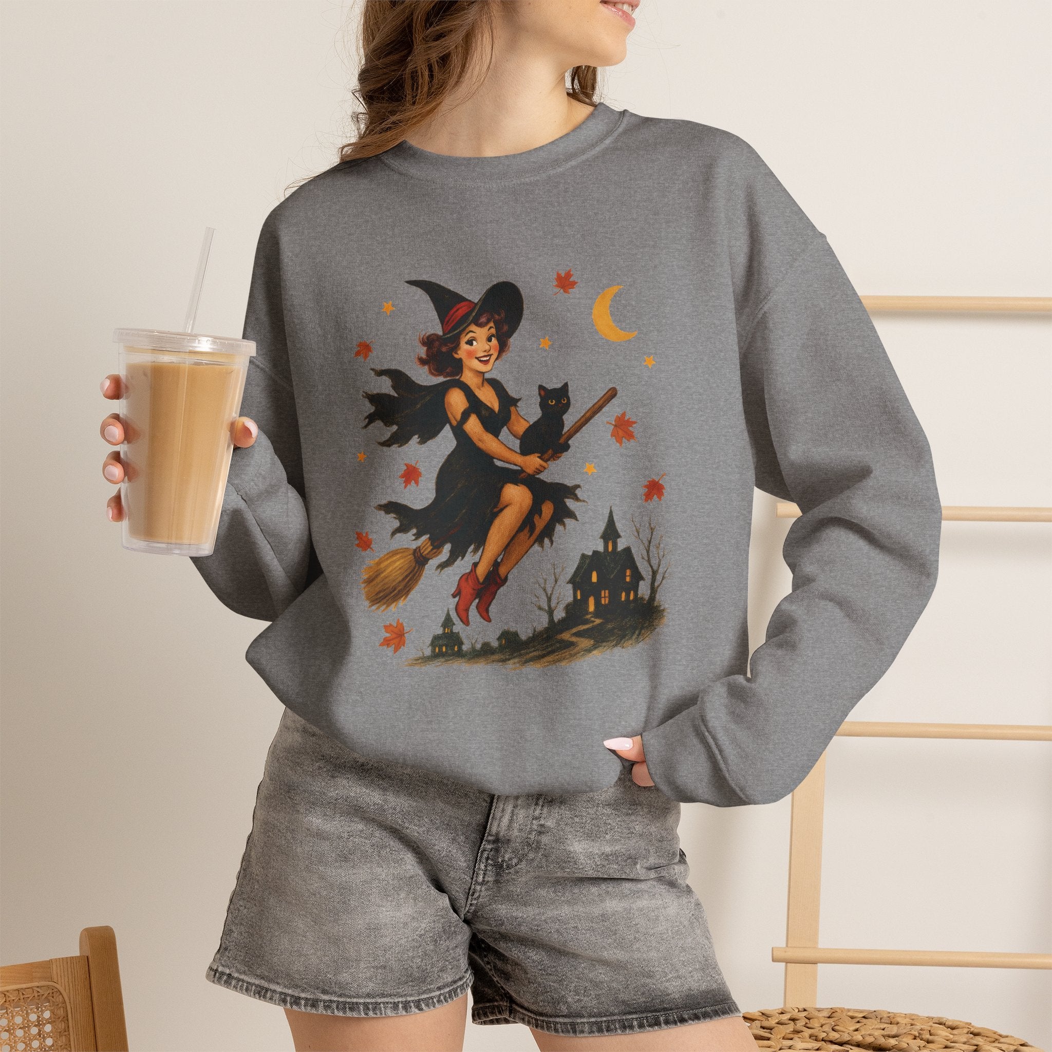 Vintage Witch Riding on Broomstick with Black Cat, Retro Halloween, Gildan Unisex Heavy Blend™ Crewneck Sweatshirt