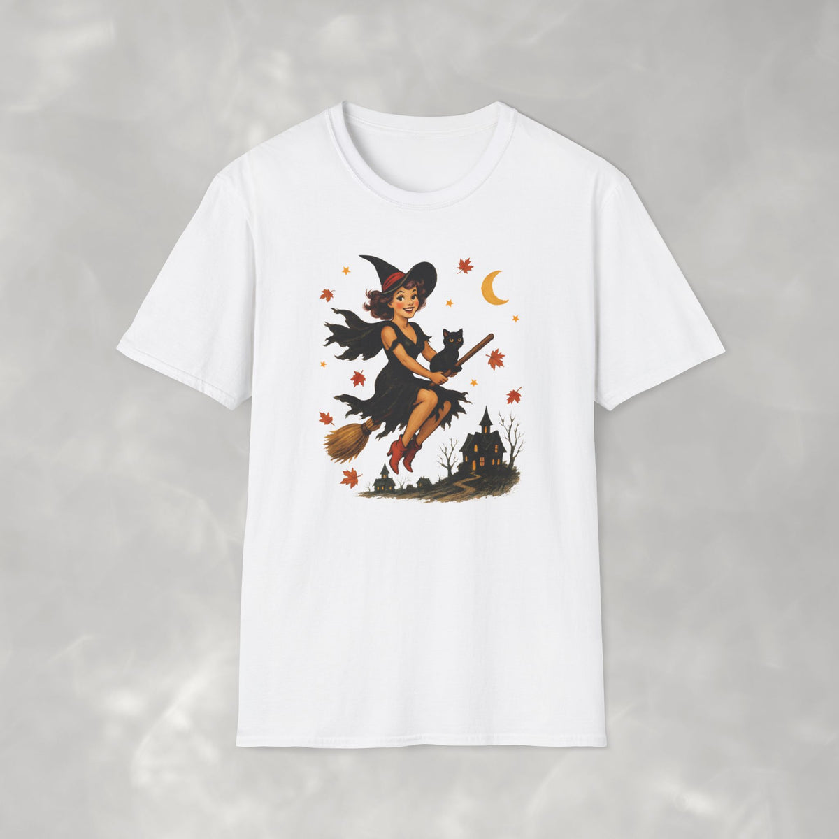 Vintage Witch Riding on Broomstick with Black Cat, Retro Halloween, Gildan Unisex Softstyle T-Shirt