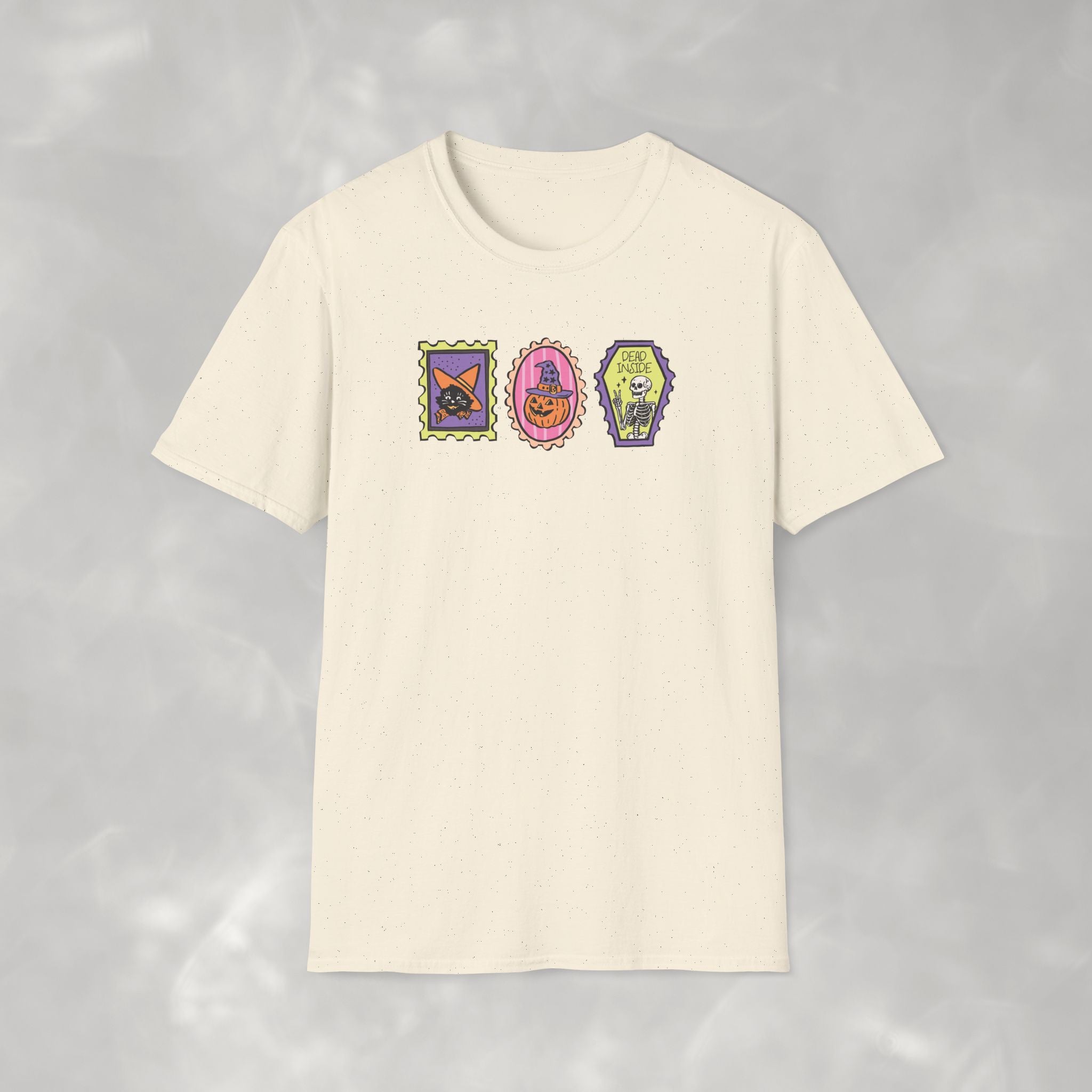 Cute Halloween Spooky Stamps with Cat, Jack-O-Lanter, Skeleton, Gildan Unisex Softstyle T-Shirt