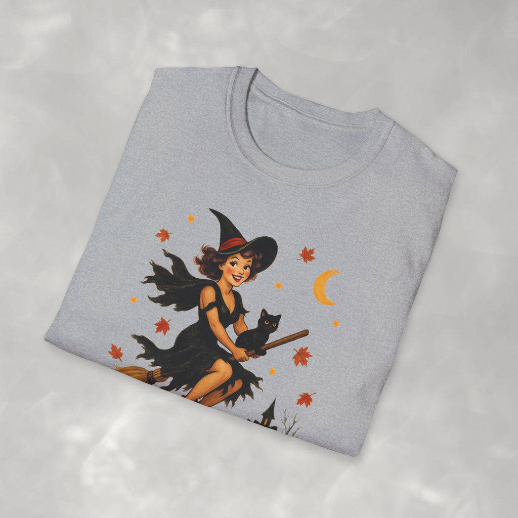 Vintage Witch Riding on Broomstick with Black Cat, Retro Halloween, Gildan Unisex Softstyle T-Shirt