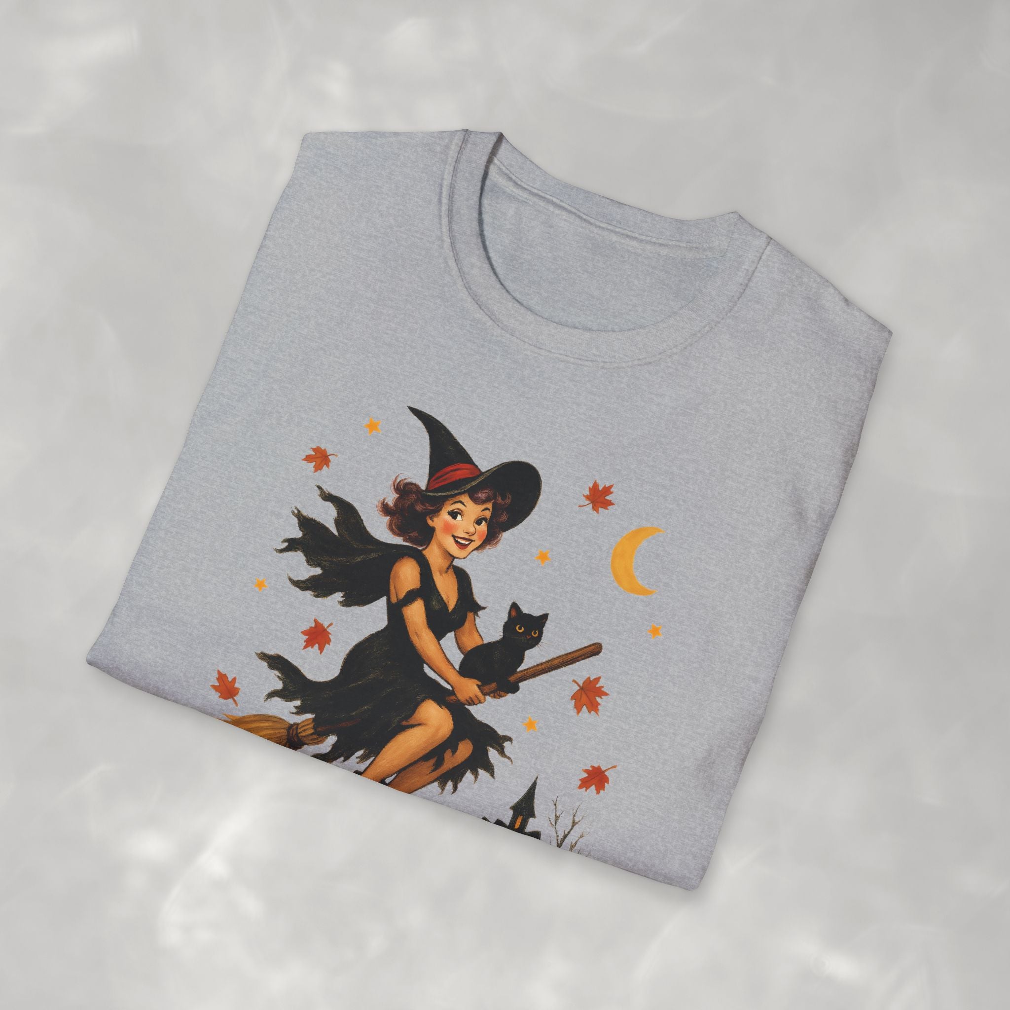 Vintage Witch Riding on Broomstick with Black Cat, Retro Halloween, Gildan Unisex Softstyle T-Shirt