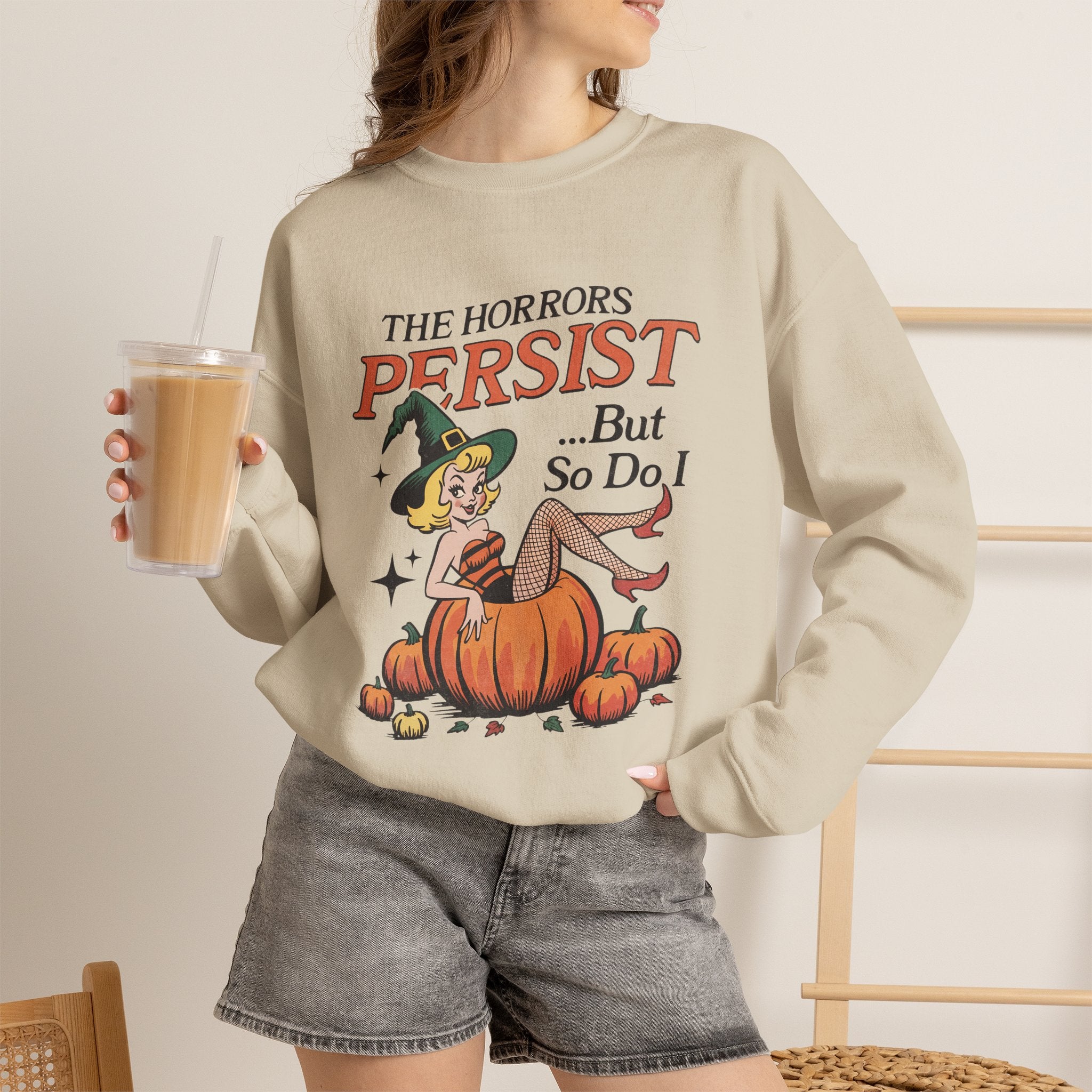 The Horrors Persist but So Do I, Funny Vintage Retro Halloween, Gildan Unisex Heavy Blend™ Crewneck Sweatshirt