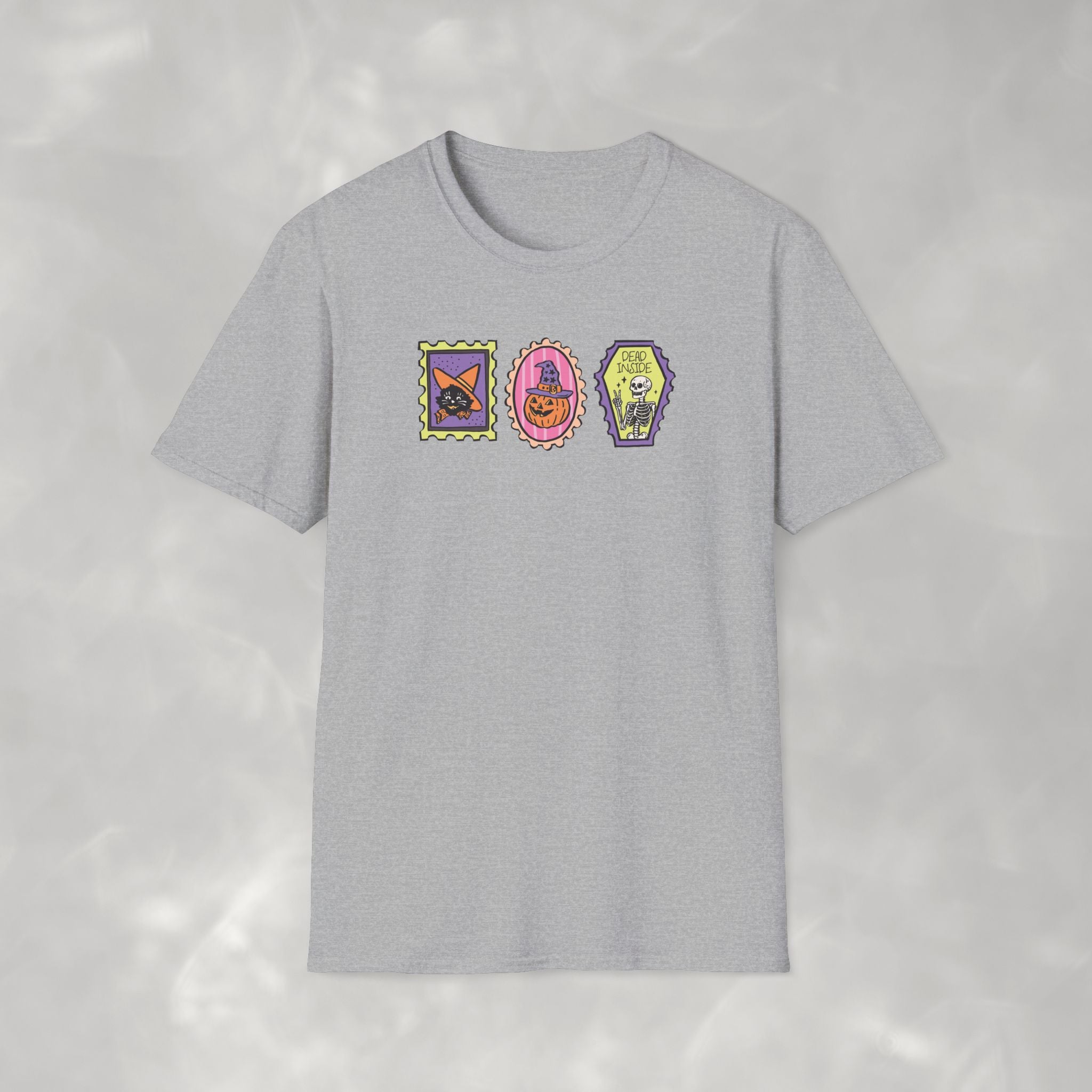 Cute Halloween Spooky Stamps with Cat, Jack-O-Lanter, Skeleton, Gildan Unisex Softstyle T-Shirt