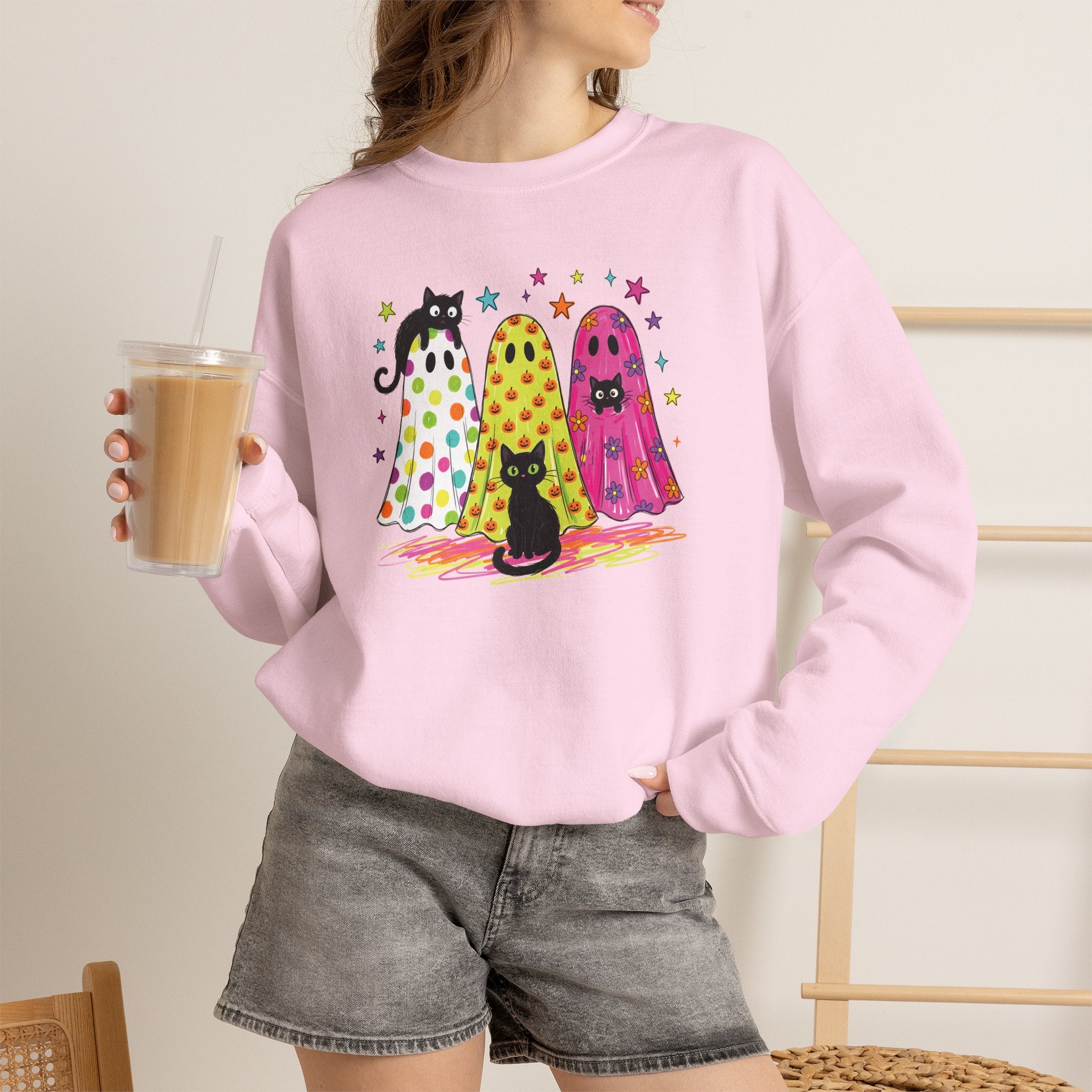 Preppy, Girly, Cute Halloween Ghosts with Cats, Gildan Unisex Heavy Blend™ Crewneck Sweatshirt