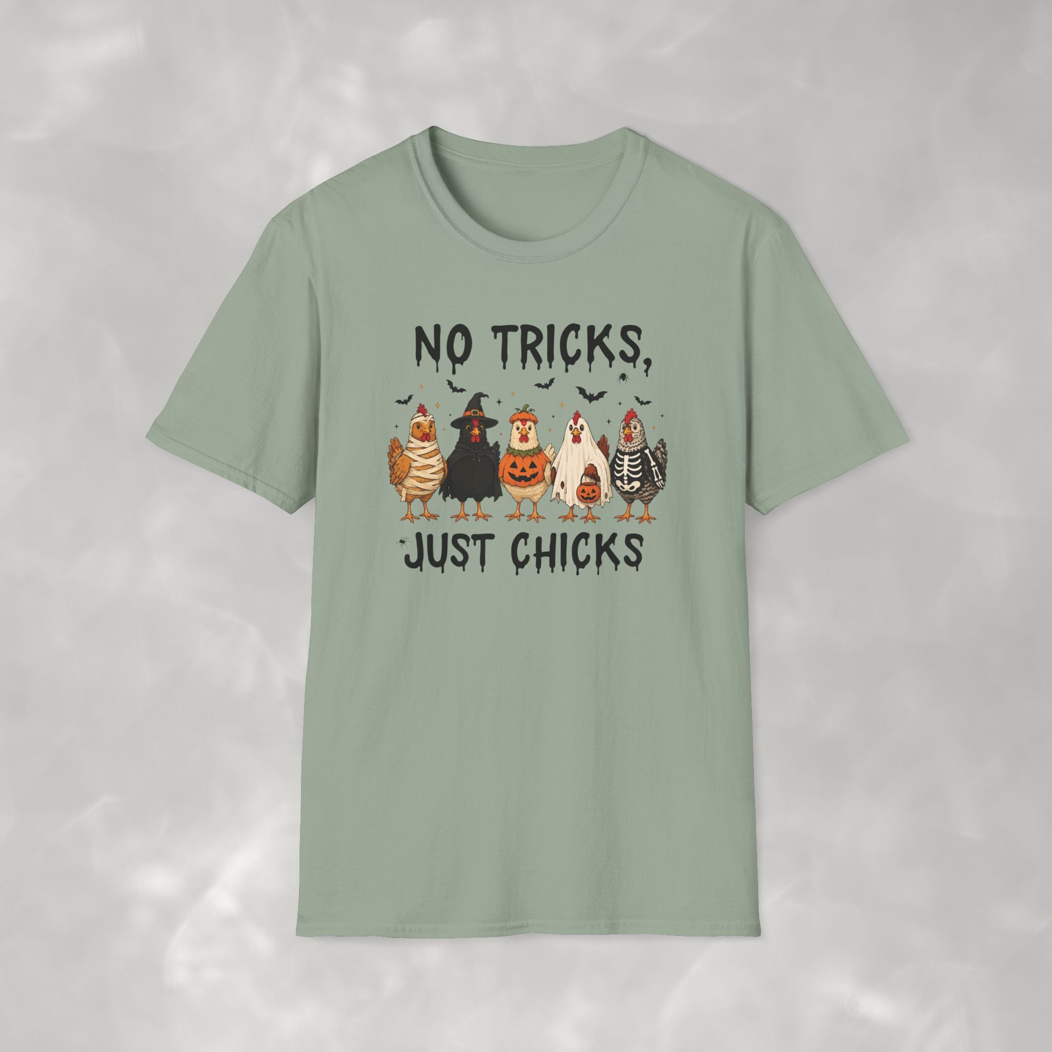 No Tricks Just Chicks, Funny Halloween Chickens in Costumes, Gildan Unisex Softstyle T-Shirt