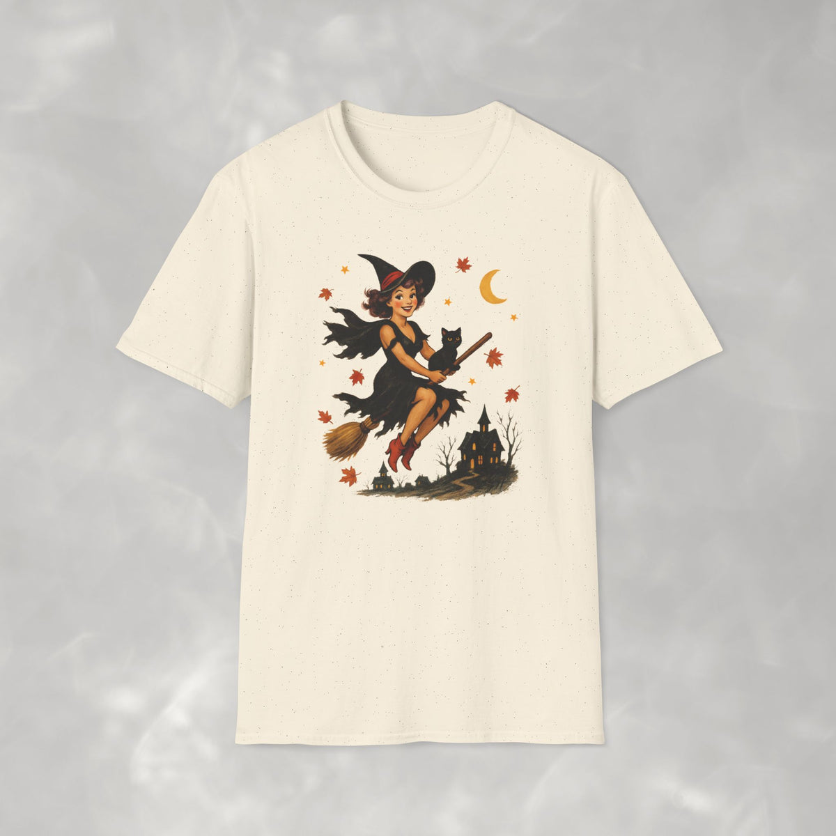 Vintage Witch Riding on Broomstick with Black Cat, Retro Halloween, Gildan Unisex Softstyle T-Shirt