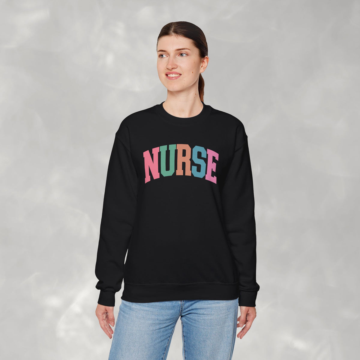 Colorful Fun Whimsical Varsity Nurse Gildan Unisex Heavy Blend™ Crewneck Sweatshirt for RN, LPN, GN, Student Nurse