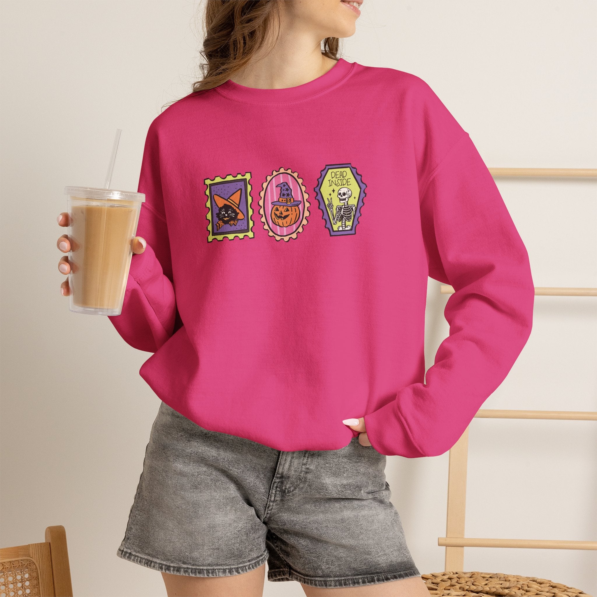 Cute Halloween Spooky Stamps with Cat, Jack-O-Lanter, Skeleton, Gildan Unisex Heavy Blend™ Crewneck Sweatshirt