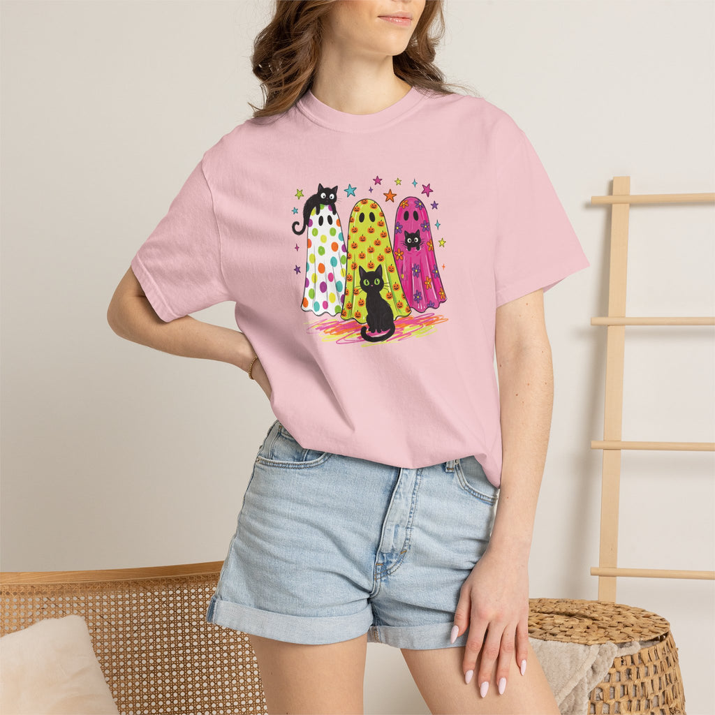 Preppy, Girly, Cute Halloween Ghosts with Cats, Comfort Colors Tee