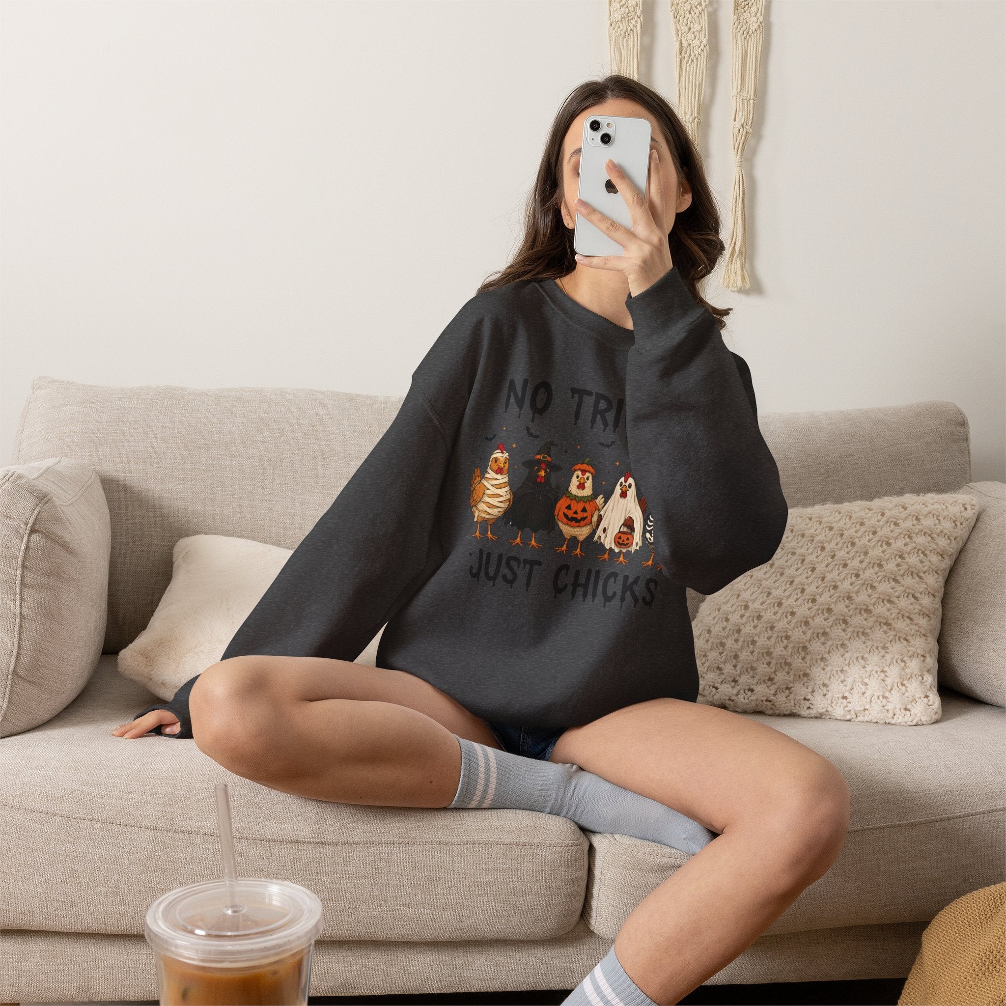 No Tricks Just Chicks, Funny Halloween Chickens in Costumes, Gildan Unisex Heavy Blend™ Crewneck Sweatshirt