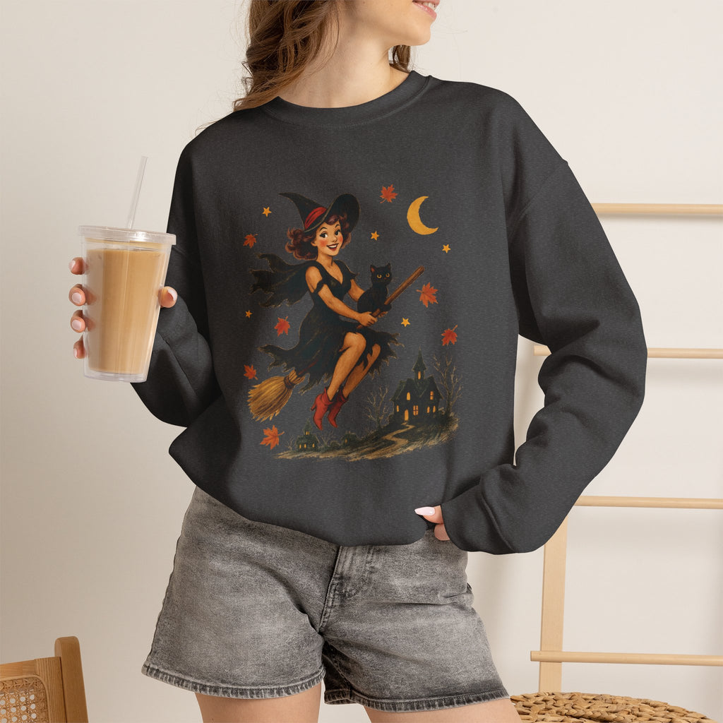 Vintage Witch Riding on Broomstick with Black Cat, Retro Halloween, Gildan Unisex Heavy Blend™ Crewneck Sweatshirt