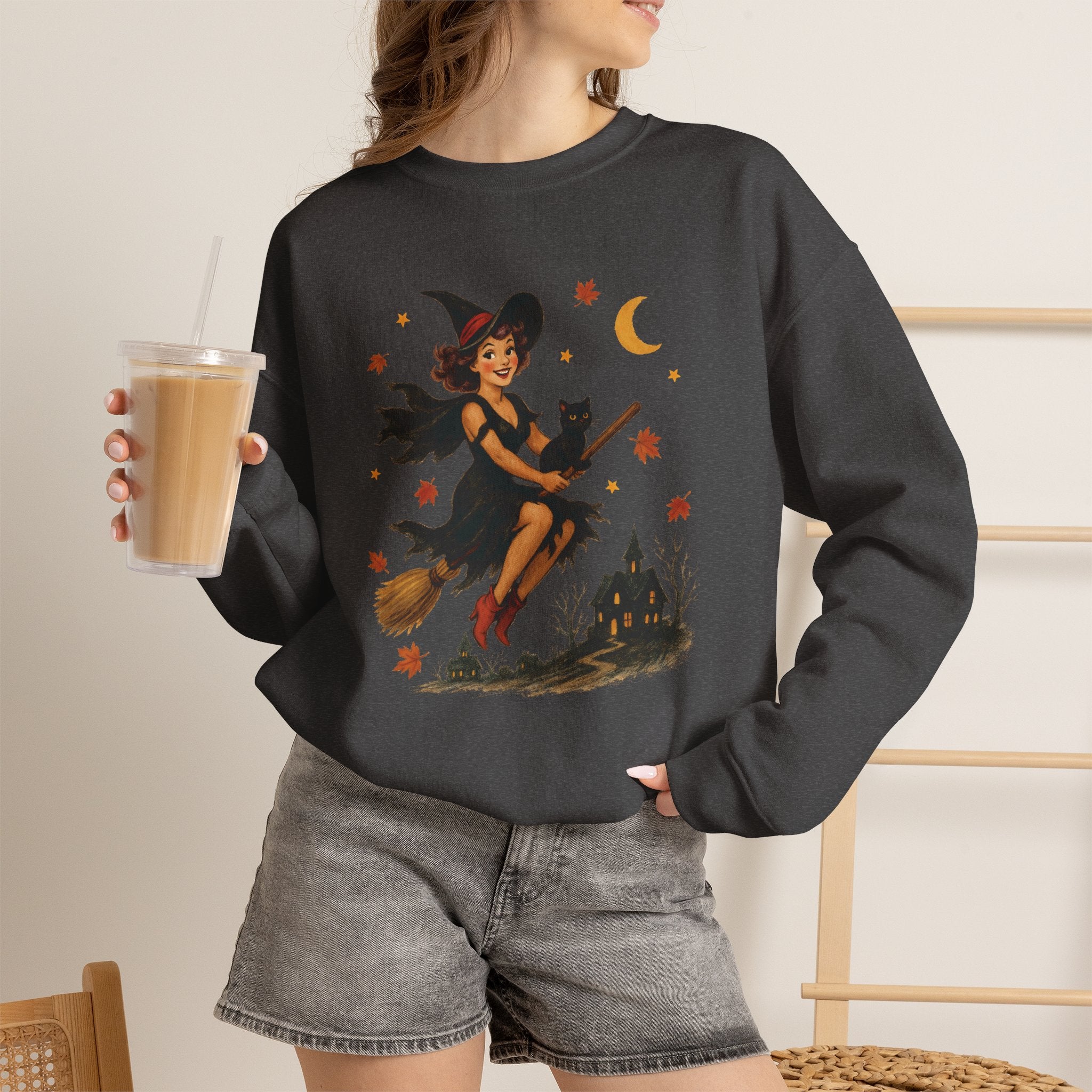Vintage Witch Riding on Broomstick with Black Cat, Retro Halloween, Gildan Unisex Heavy Blend™ Crewneck Sweatshirt