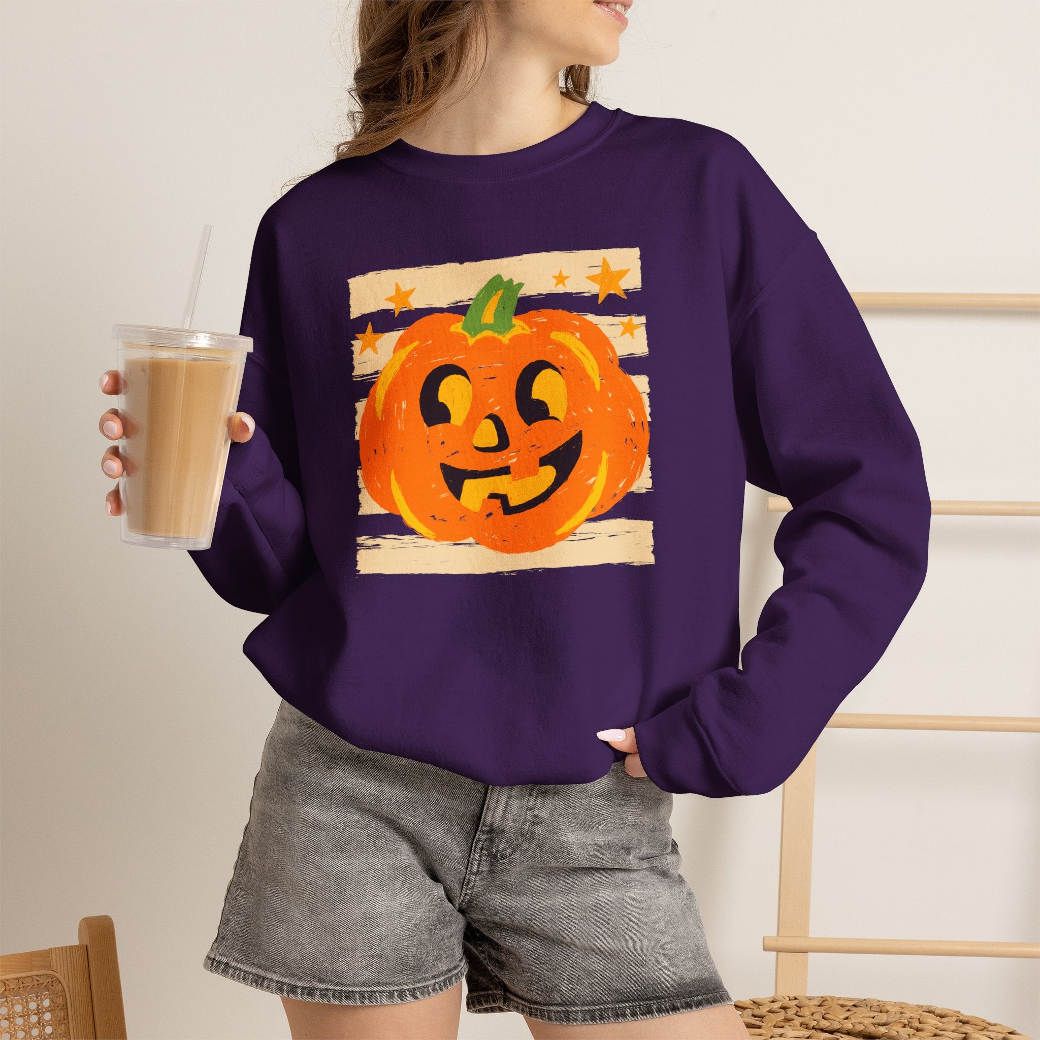 Happy Jack-O-Lantern, Striped Halloween Unisex Heavy Blend™ Crewneck Sweatshirt
