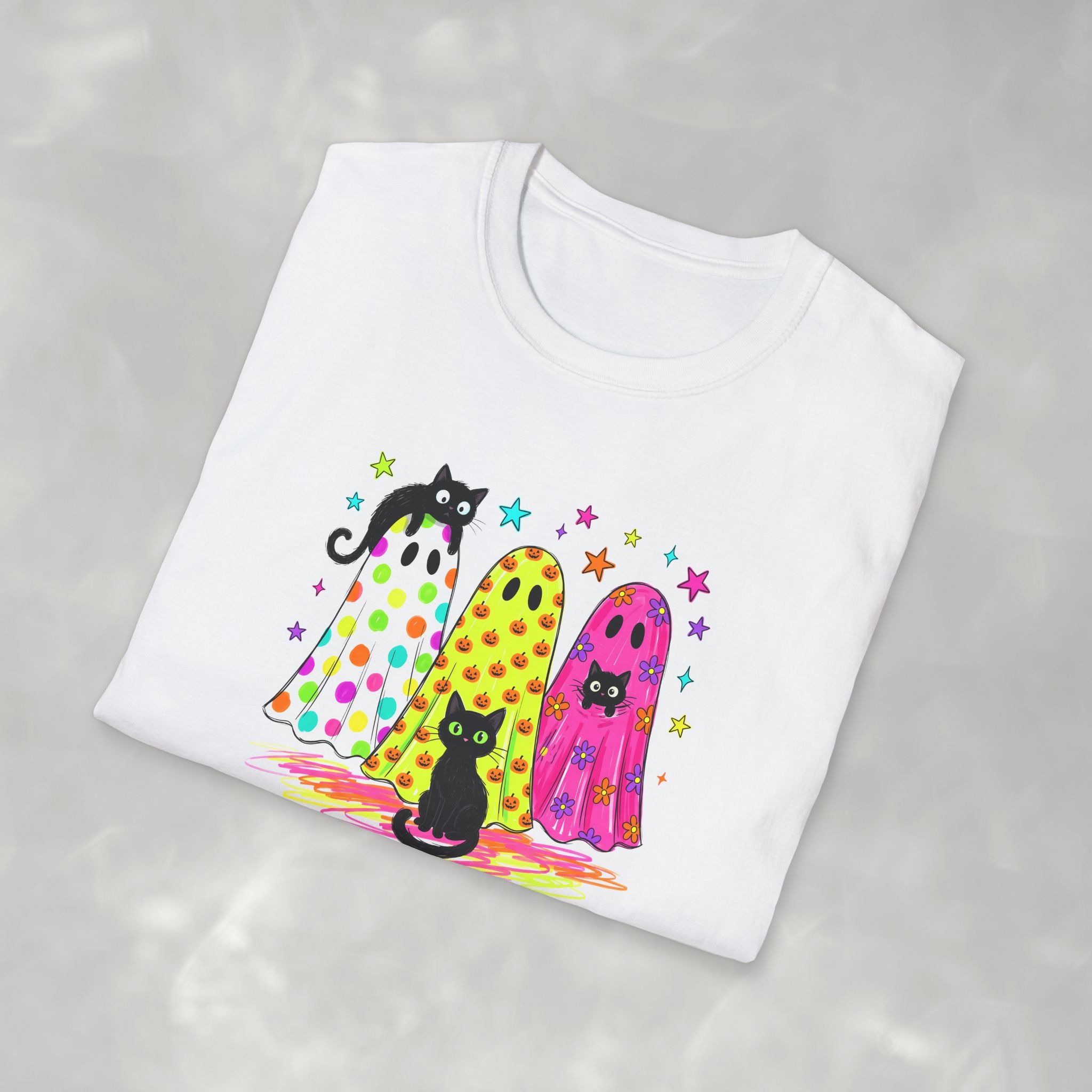 Preppy, Girly, Cute Halloween Ghosts with Cats, Gildan Unisex Softstyle T-Shirt