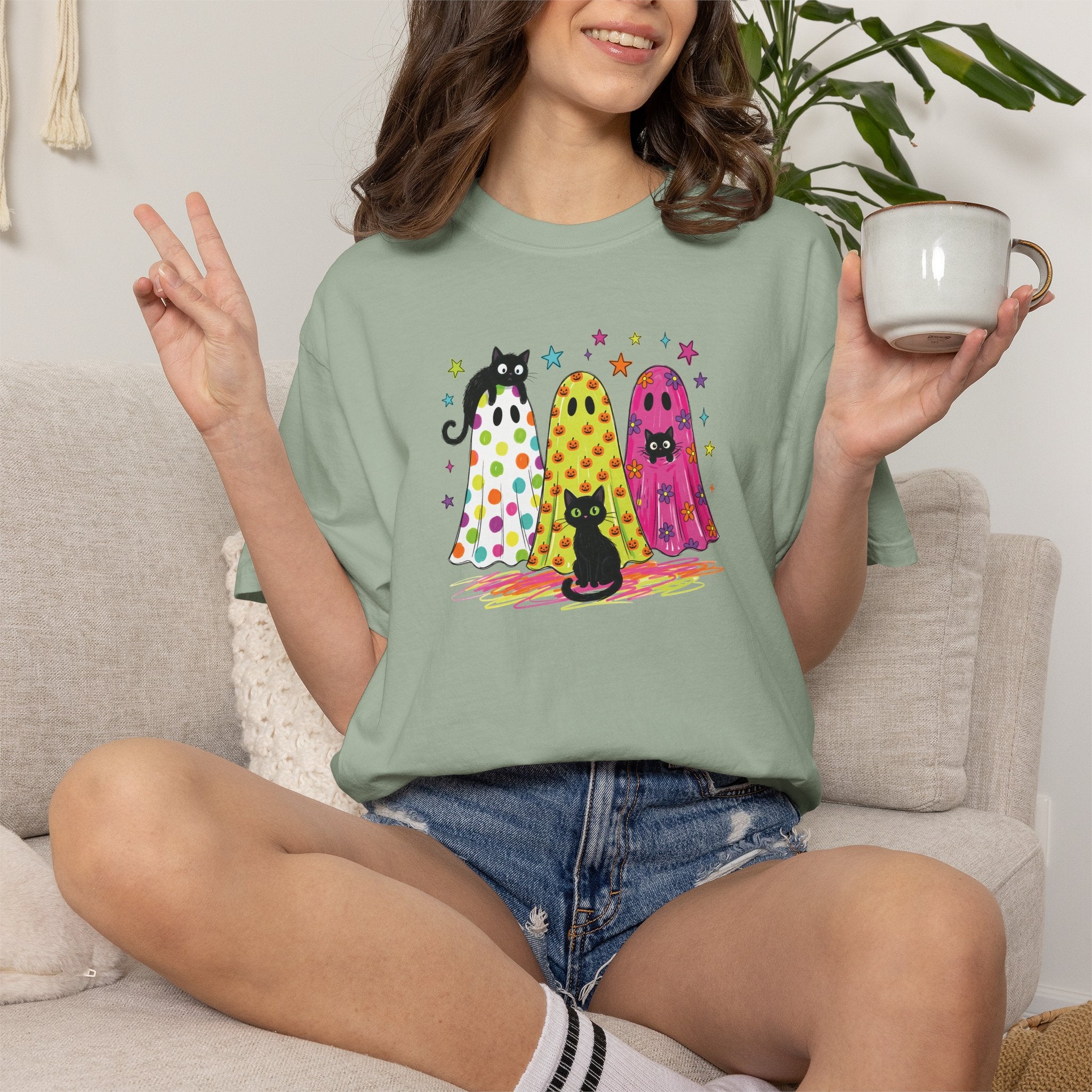 Preppy, Girly, Cute Halloween Ghosts with Cats, Comfort Colors Tee