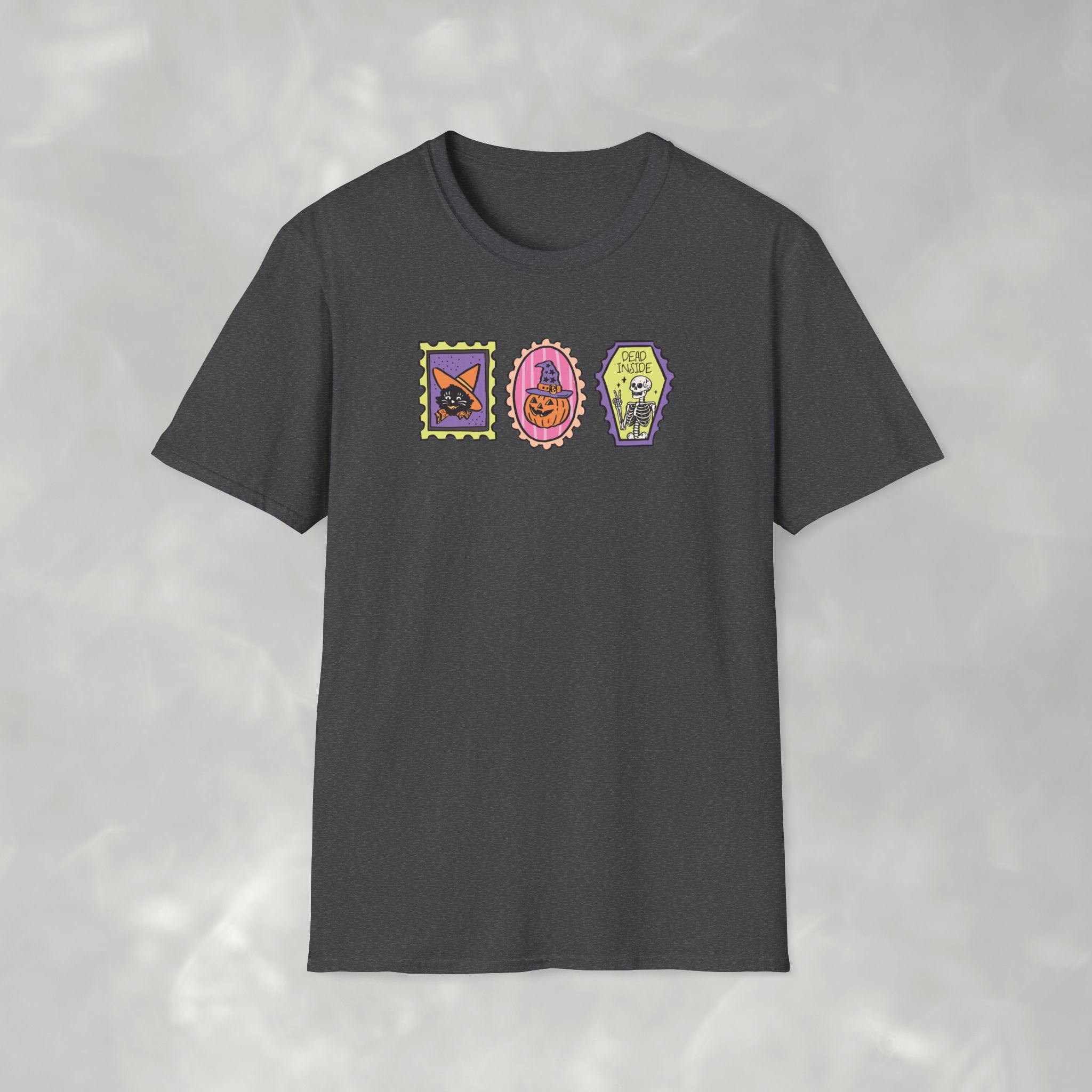 Cute Halloween Spooky Stamps with Cat, Jack-O-Lanter, Skeleton, Gildan Unisex Softstyle T-Shirt