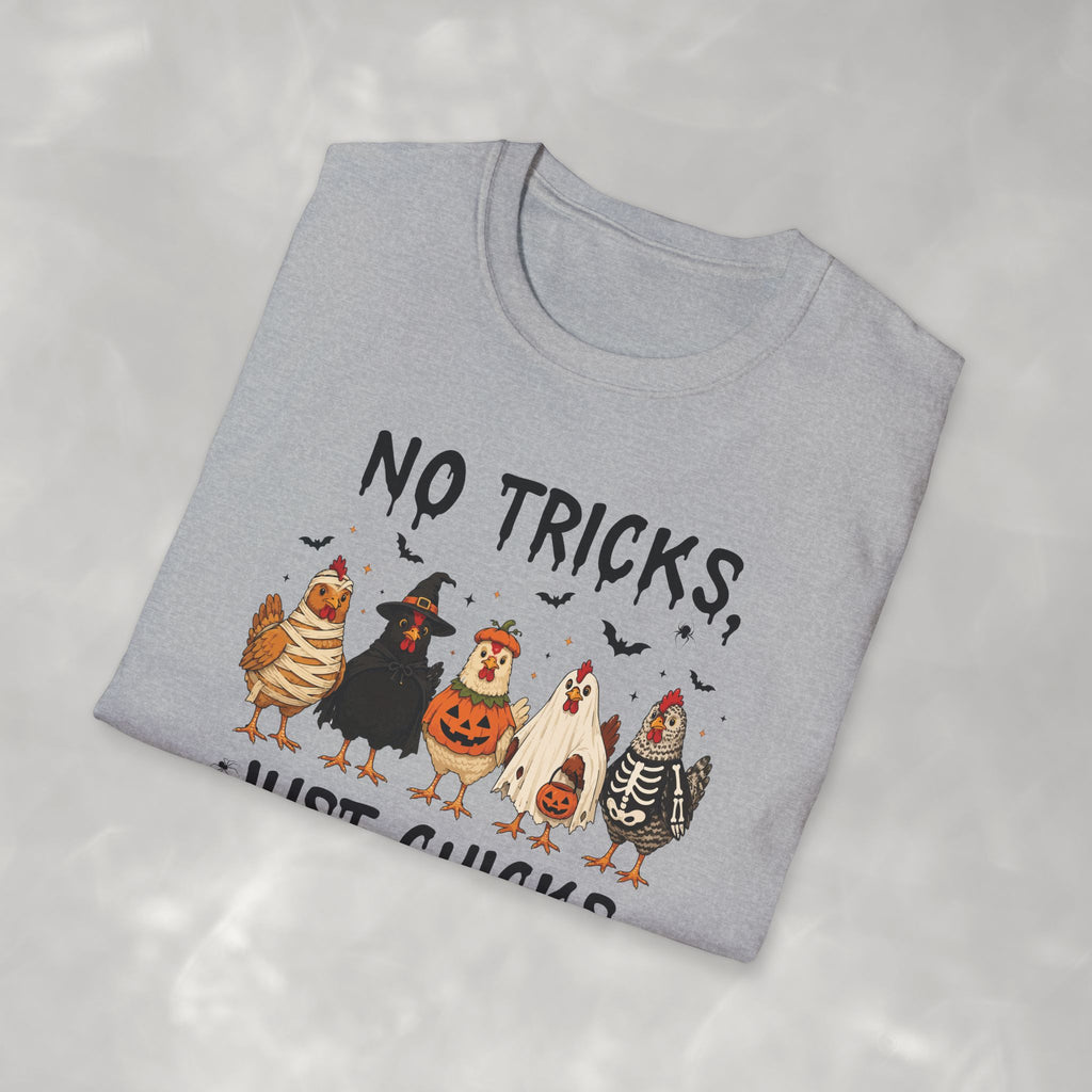 No Tricks Just Chicks, Funny Halloween Chickens in Costumes, Gildan Unisex Softstyle T-Shirt