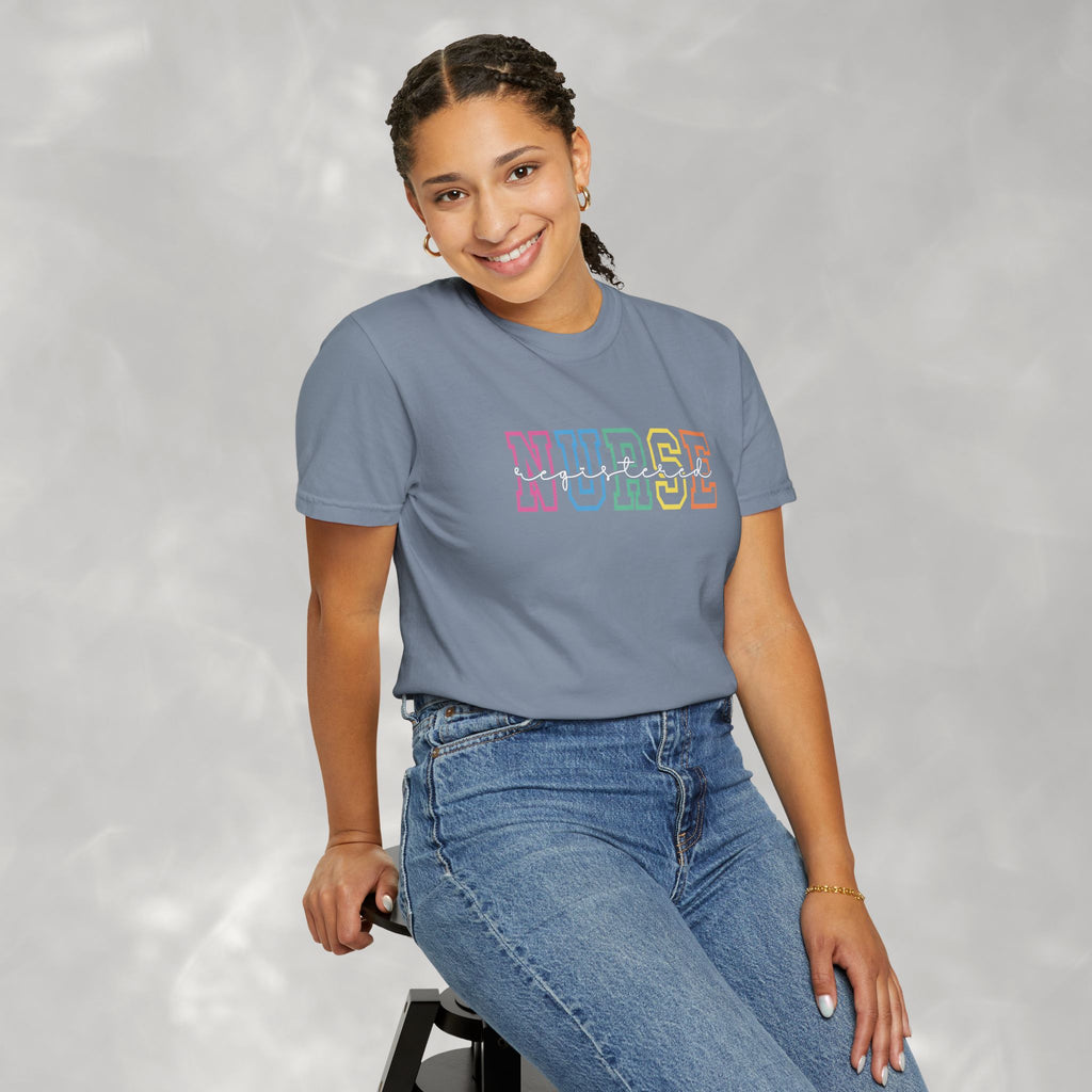 Colorful Rainbow Whimsical Varsity Registered Nurse Comfort Colors Unisex Garment-Dyed T-shirt