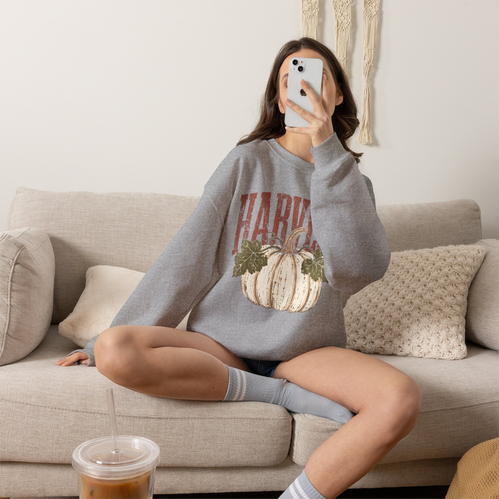 Autumn Harvest, White Pumpkin Retro Gildan Unisex Heavy Blend™ Crewneck Sweatshirt