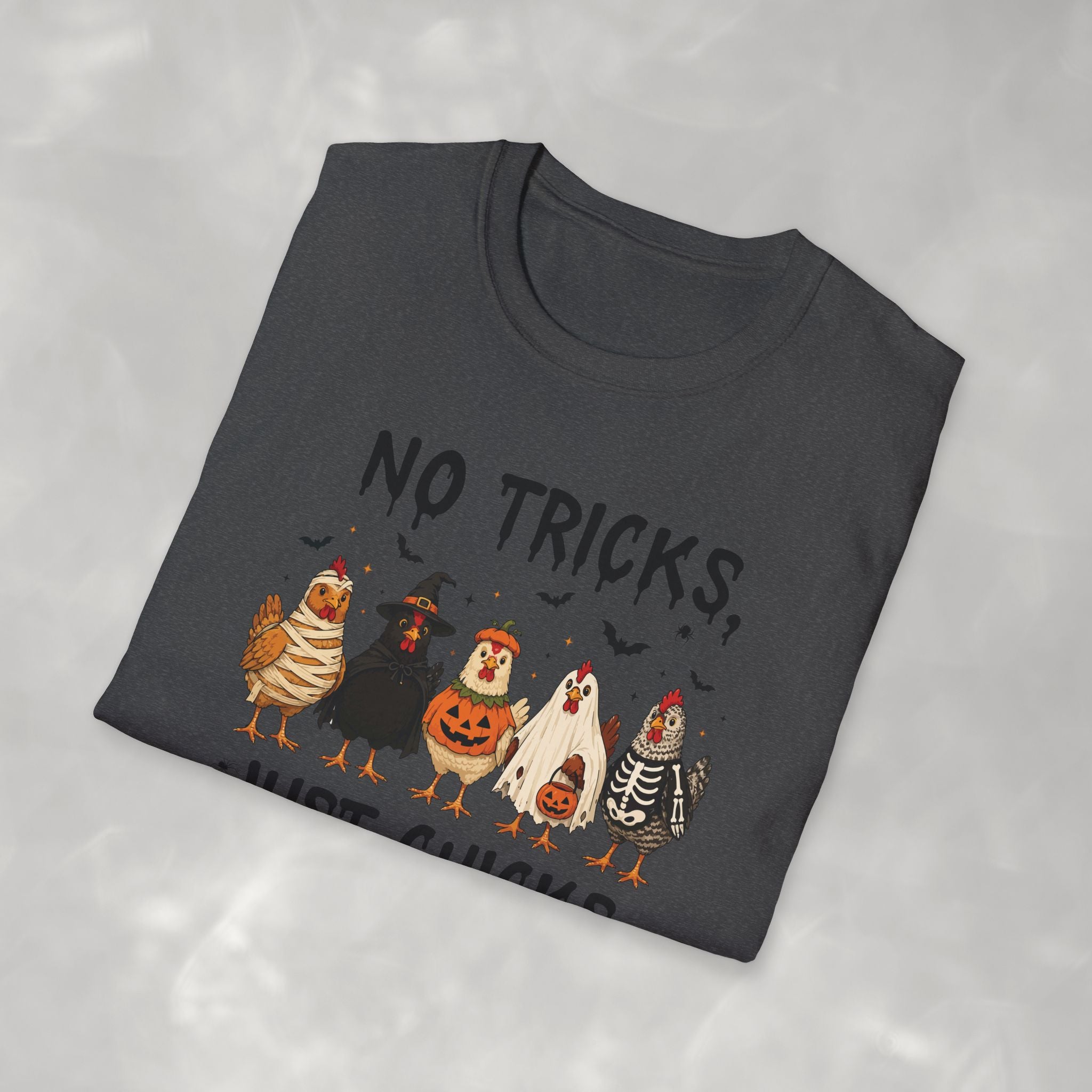 No Tricks Just Chicks, Funny Halloween Chickens in Costumes, Gildan Unisex Softstyle T-Shirt