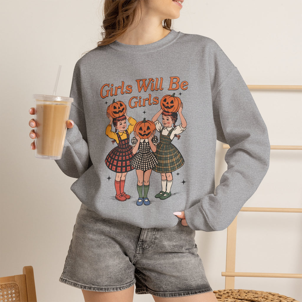Girls Will Be Girls, Funny Retro Vintage Halloween, Unisex Heavy Blend™ Crewneck Sweatshirt