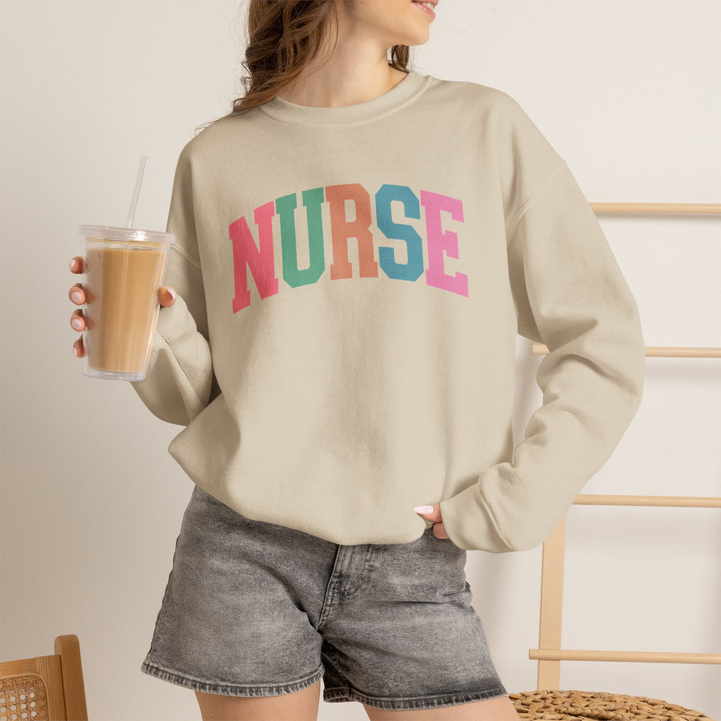 Colorful Fun Whimsical Varsity Nurse Gildan Unisex Heavy Blend™ Crewneck Sweatshirt for RN, LPN, GN, Student Nurse