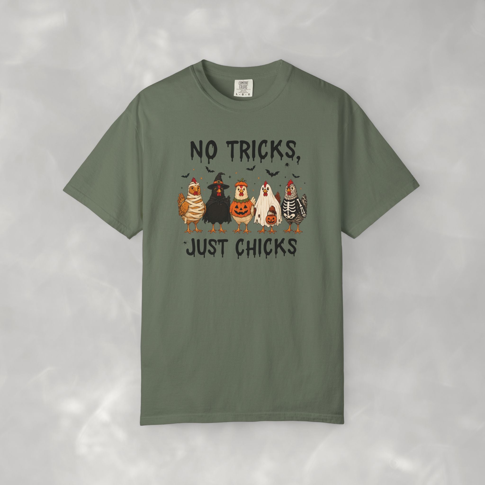 No Tricks Just Chicks, Funny Halloween Chickens in Costumes, Comfort Colors Tee