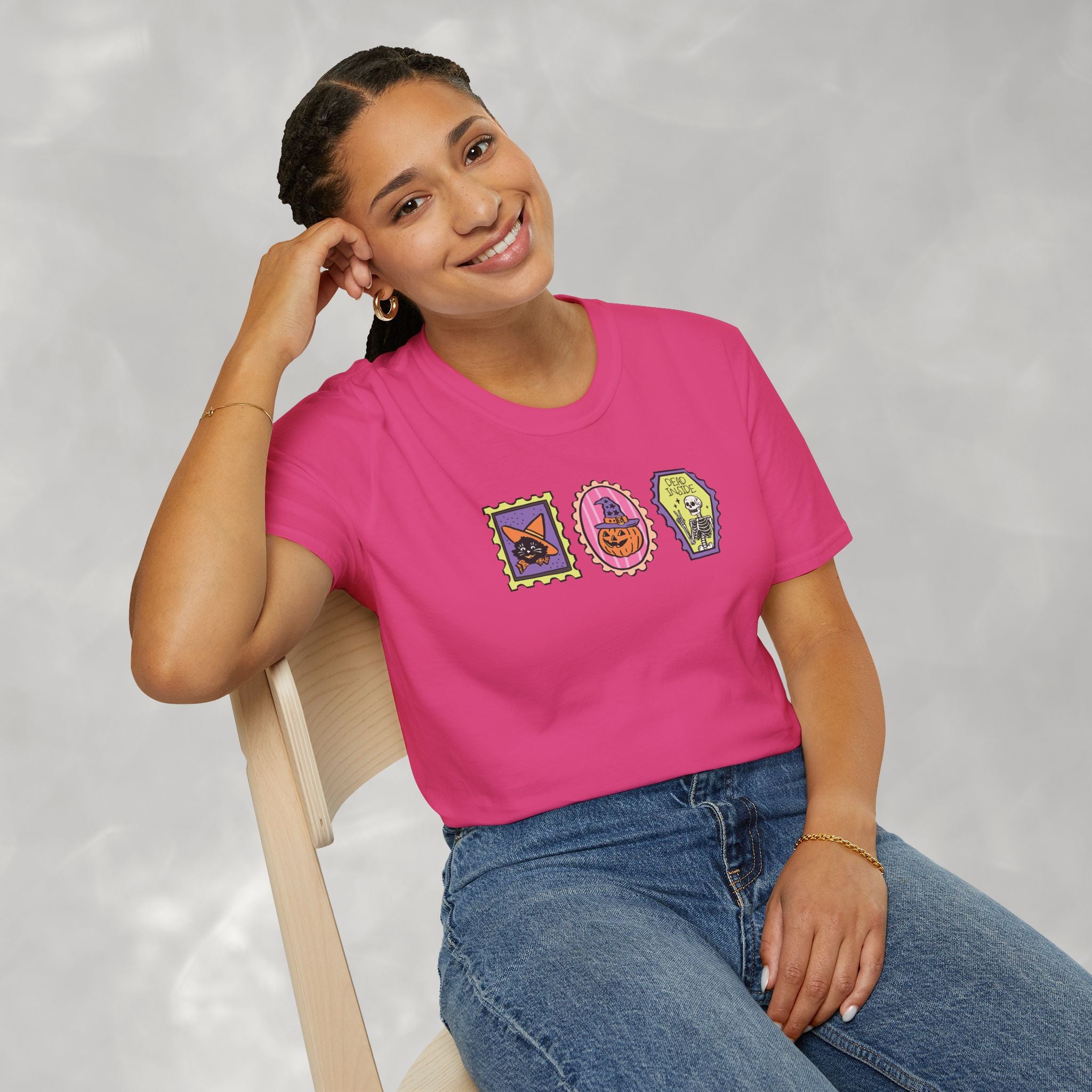 Cute Halloween Spooky Stamps with Cat, Jack-O-Lanter, Skeleton, Gildan Unisex Softstyle T-Shirt