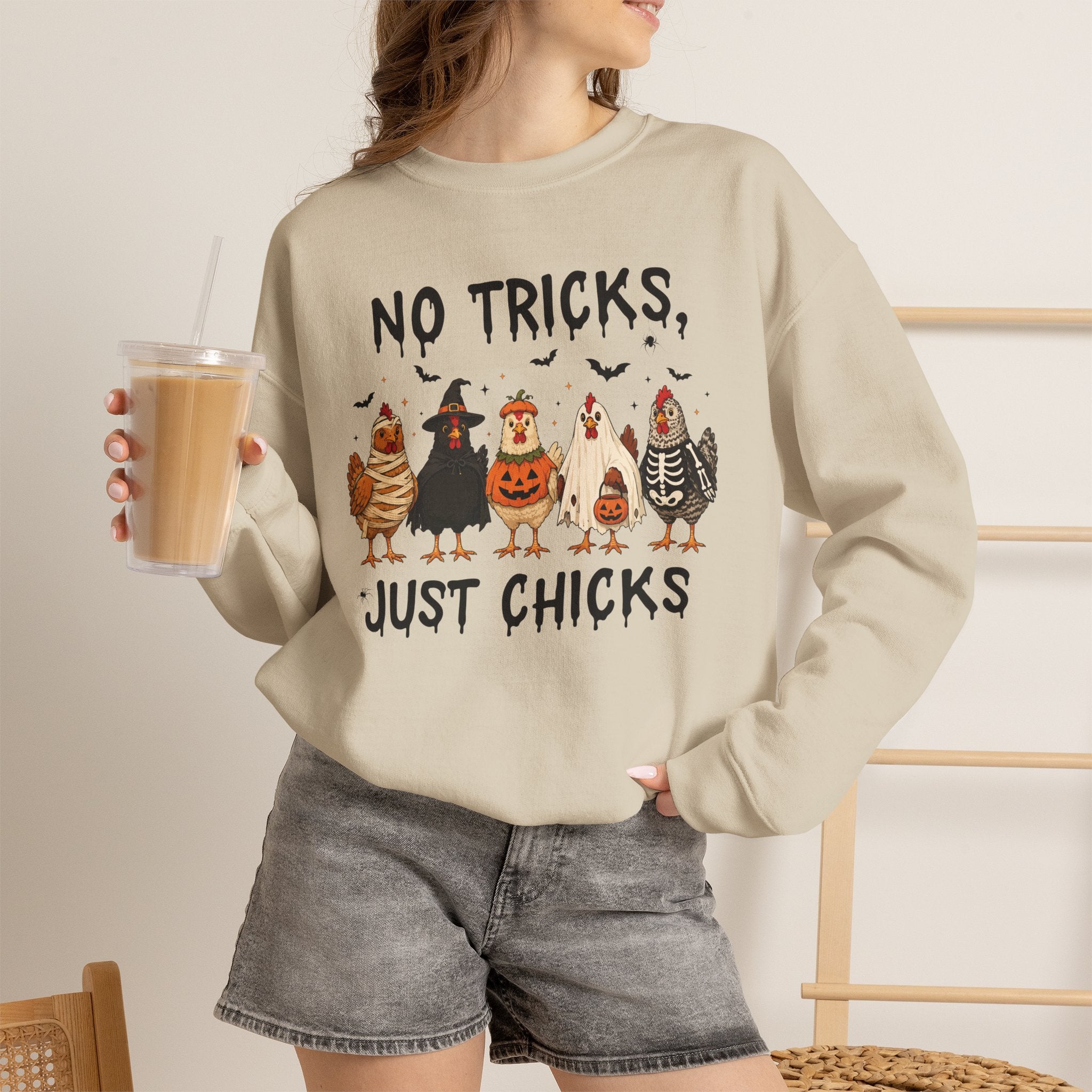 No Tricks Just Chicks, Funny Halloween Chickens in Costumes, Gildan Unisex Heavy Blend™ Crewneck Sweatshirt