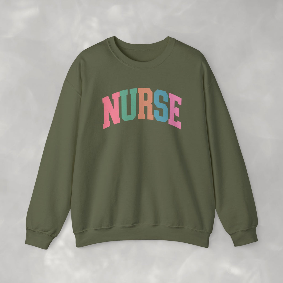 Colorful Fun Whimsical Varsity Nurse Gildan Unisex Heavy Blend™ Crewneck Sweatshirt for RN, LPN, GN, Student Nurse