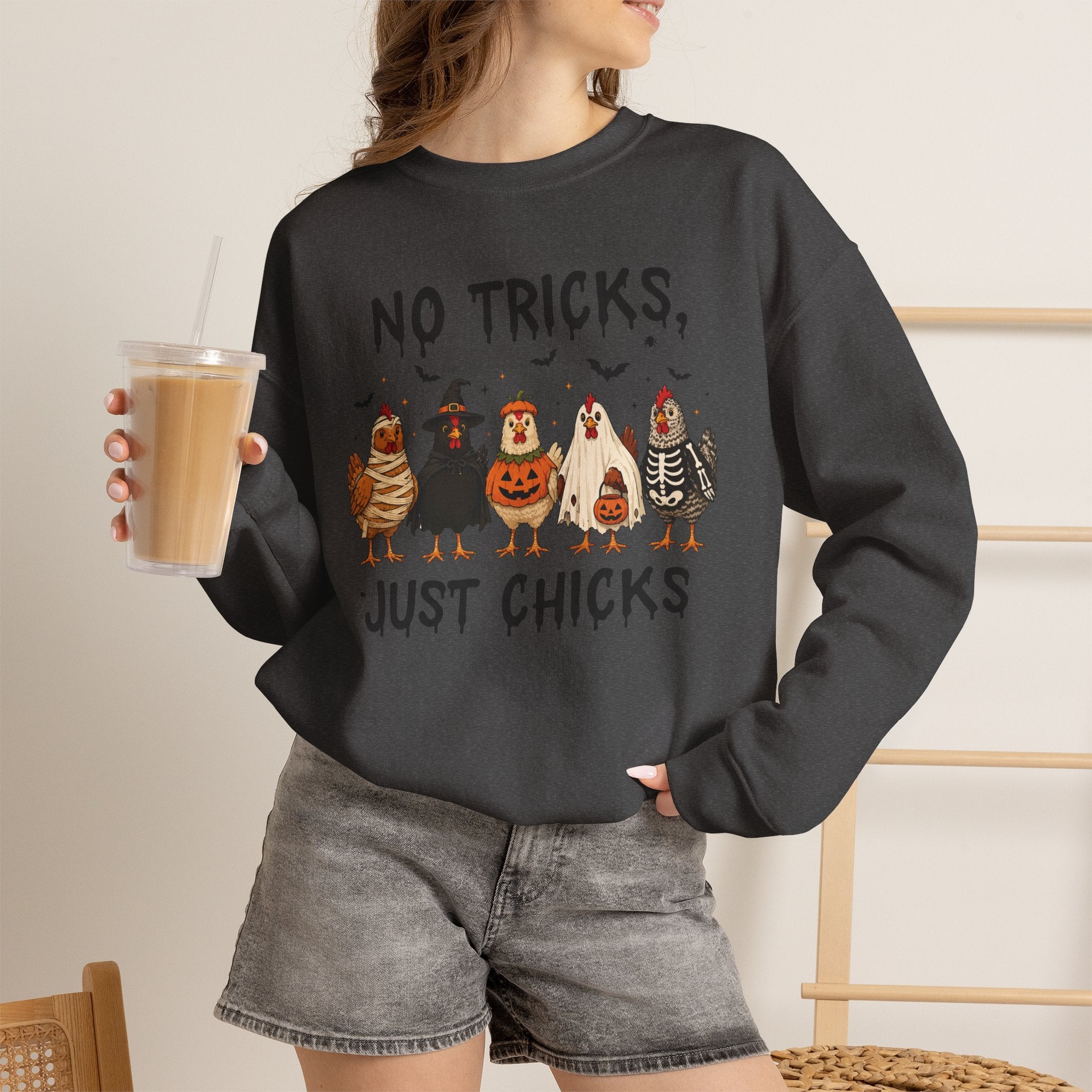 No Tricks Just Chicks, Funny Halloween Chickens in Costumes, Gildan Unisex Heavy Blend™ Crewneck Sweatshirt