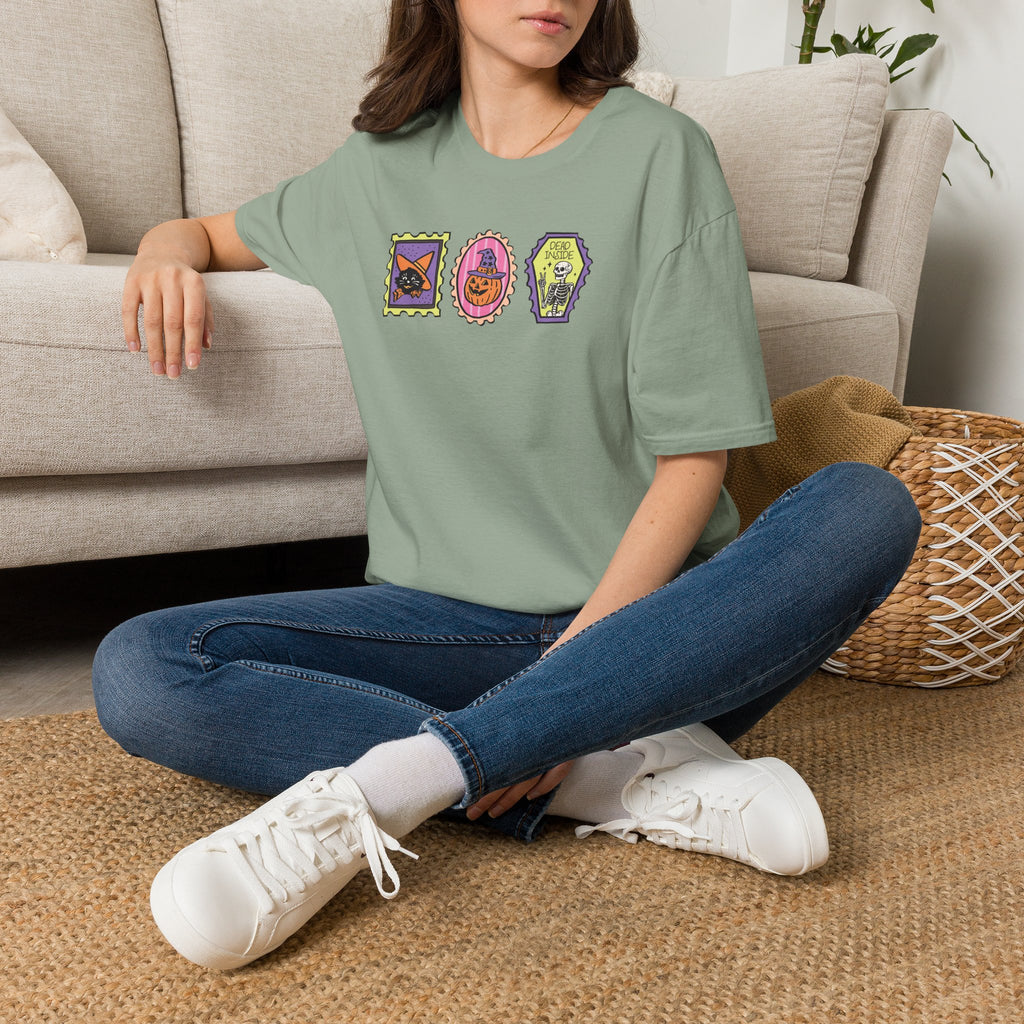 Cute Halloween Spooky Stamps with Cat, Jack-O-Lanter, Skeleton, Gildan Unisex Softstyle T-Shirt